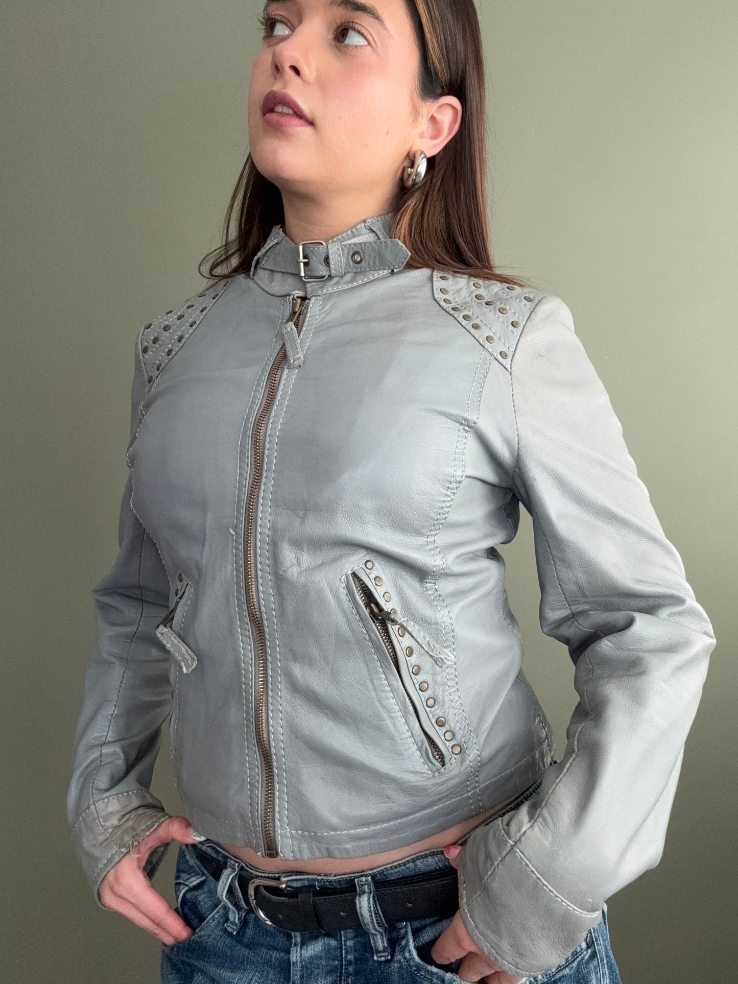 Grey Studded Leather Jacket (S)