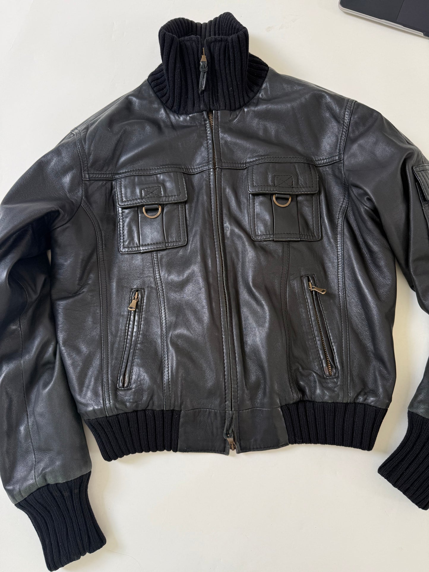 Leather Cargo Bomber Jacket (M)