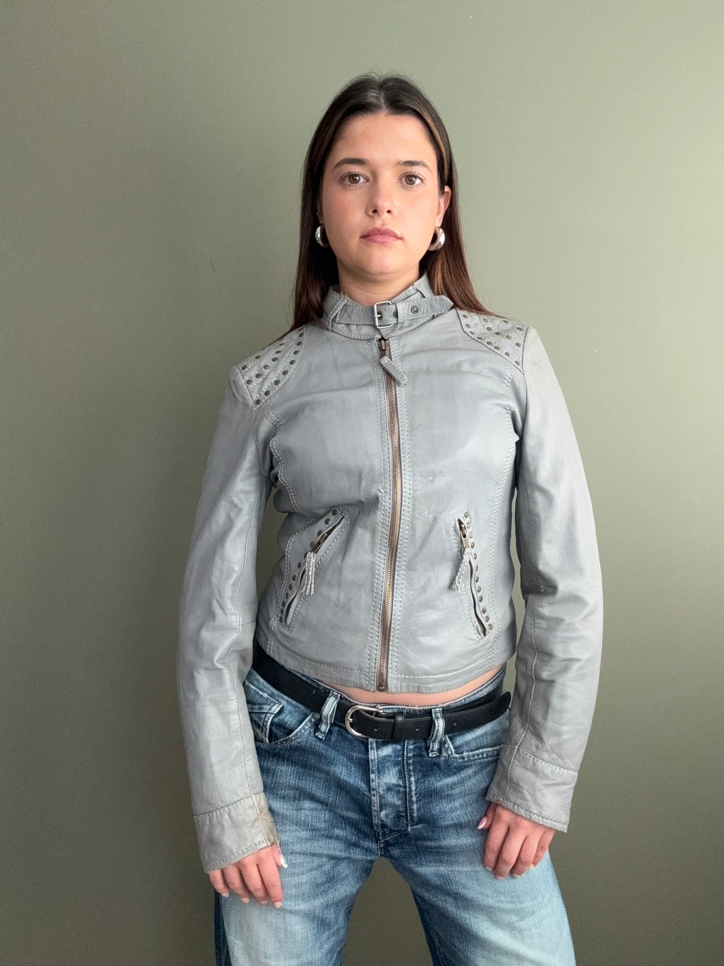 Grey Studded Leather Jacket (S)