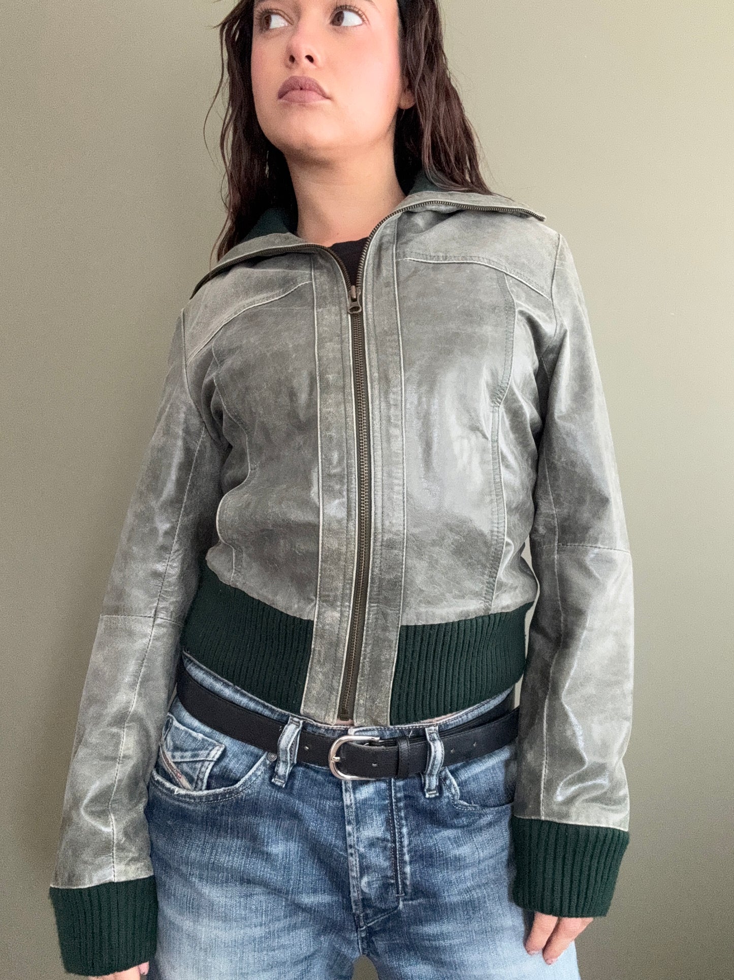 Vintage Green Leather Jacket (M)