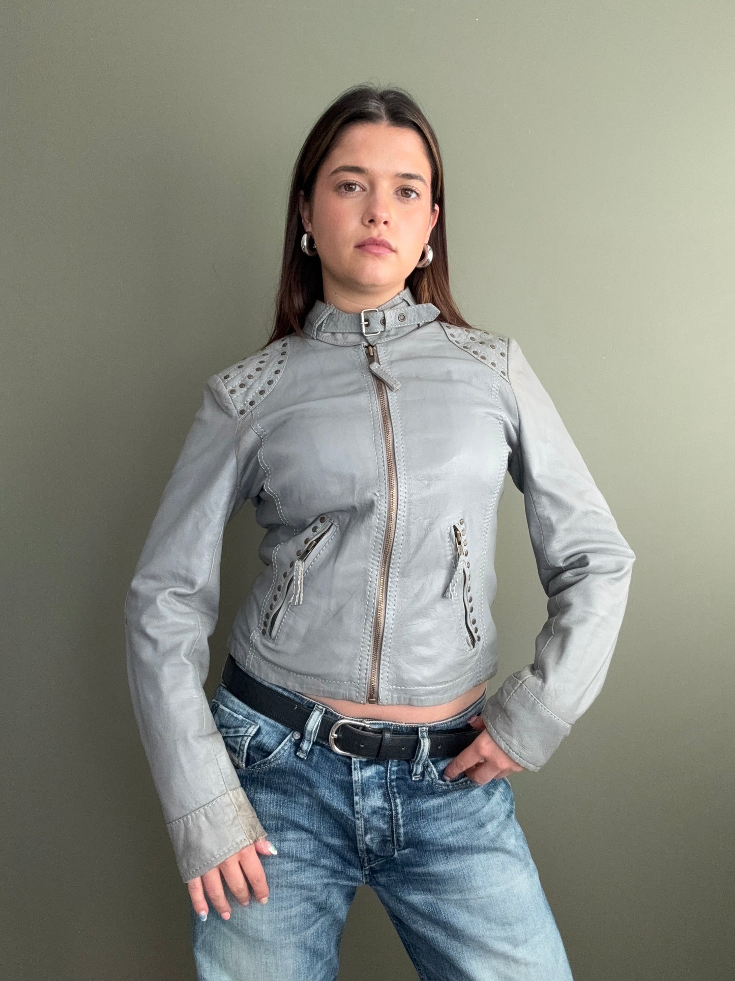 Grey Studded Leather Jacket (S)