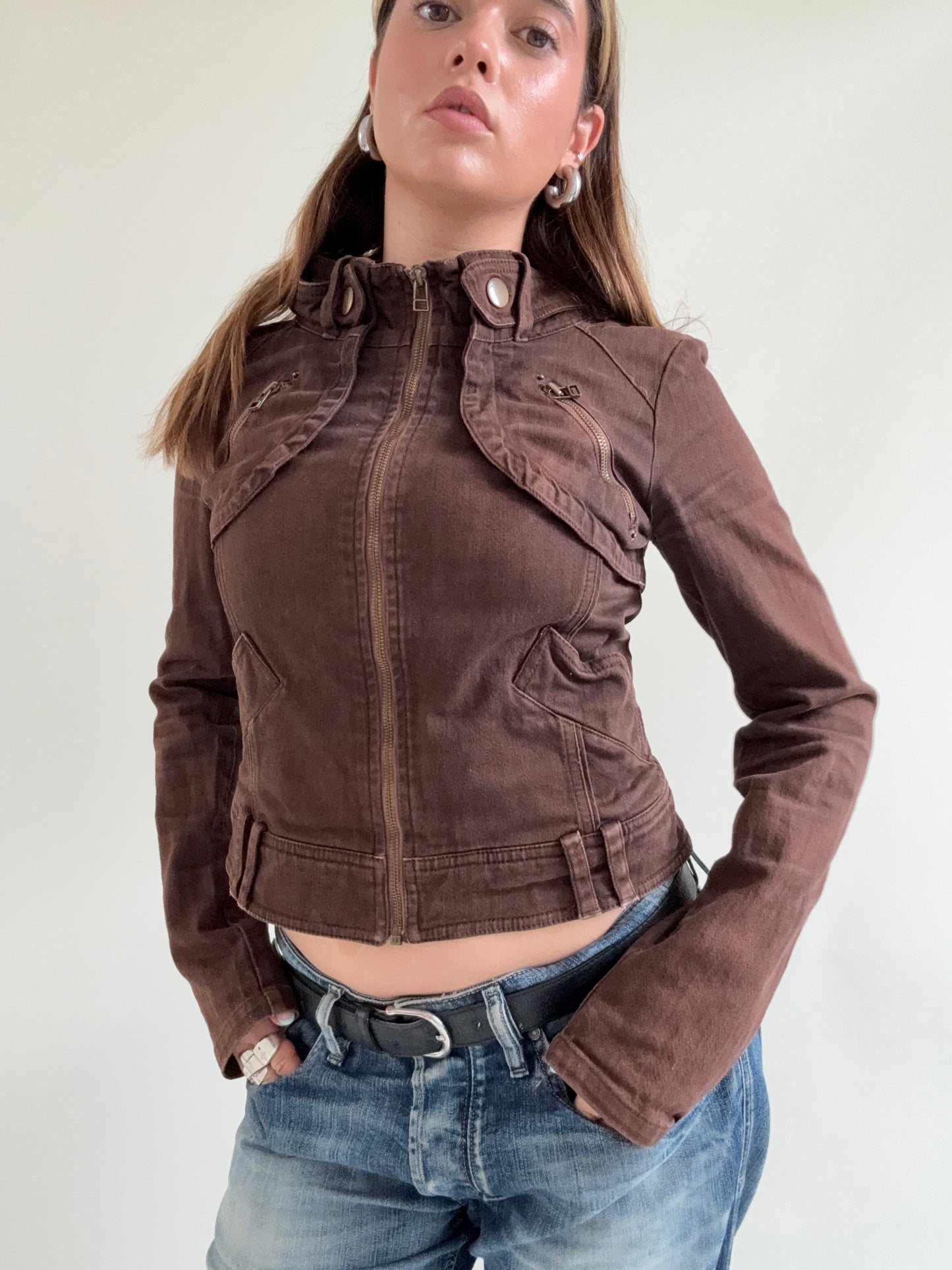 Brown Fitted Biker Jacket (M)