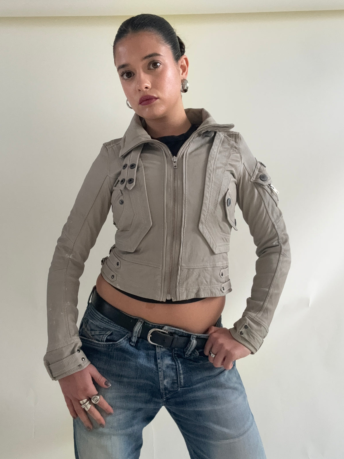 Fitted Leather Cargo Jacket (XS)