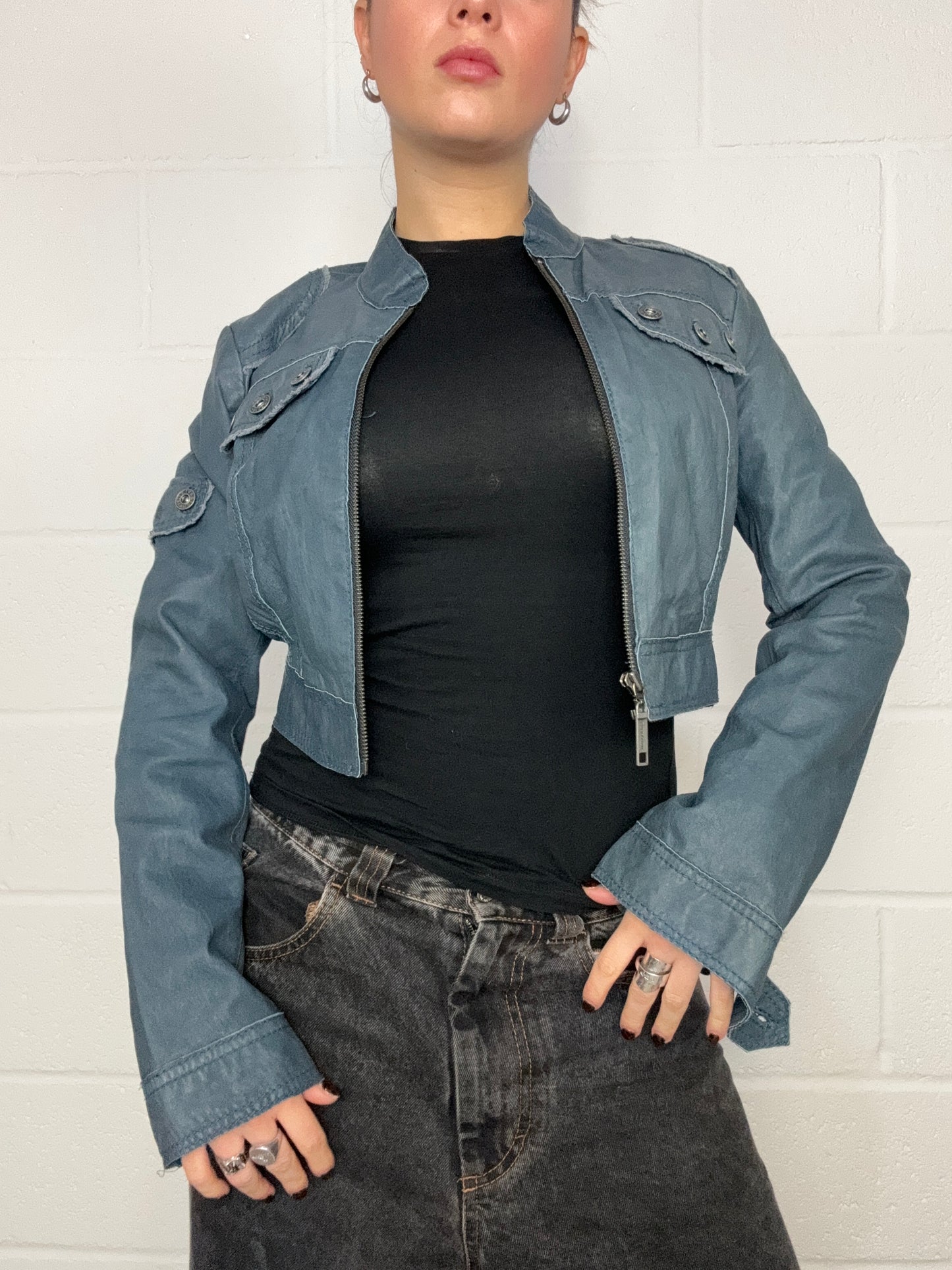 Blue Leather Cropped Jacket (UK12)