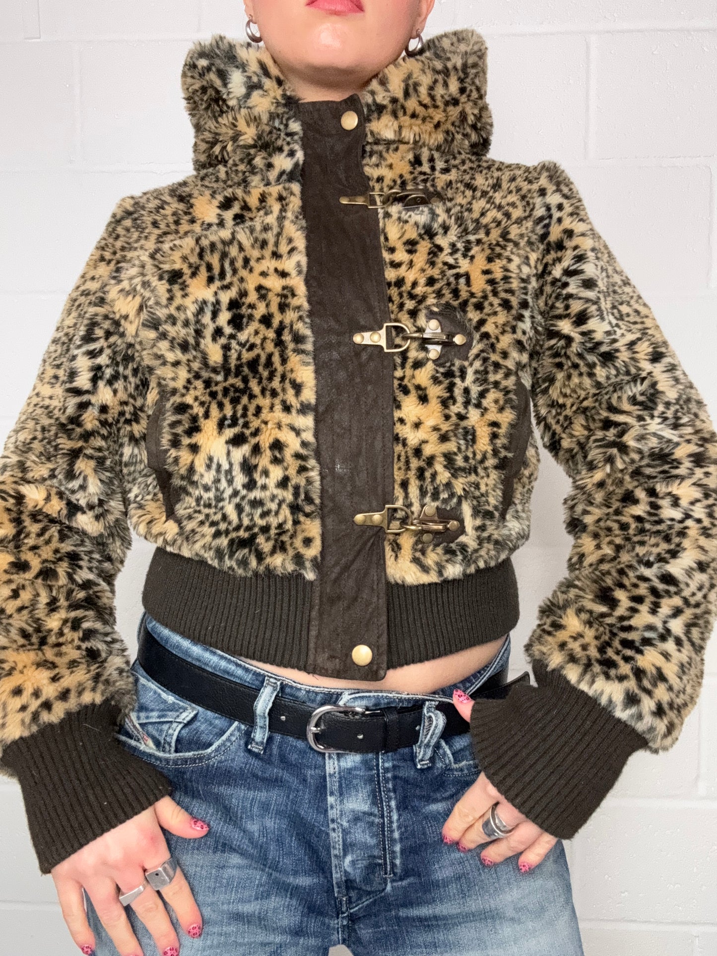 Y2K Leopard Faux Fur Jacket (M)