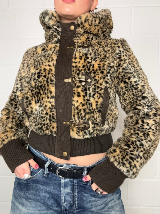 Y2K Leopard Faux Fur Jacket (M)