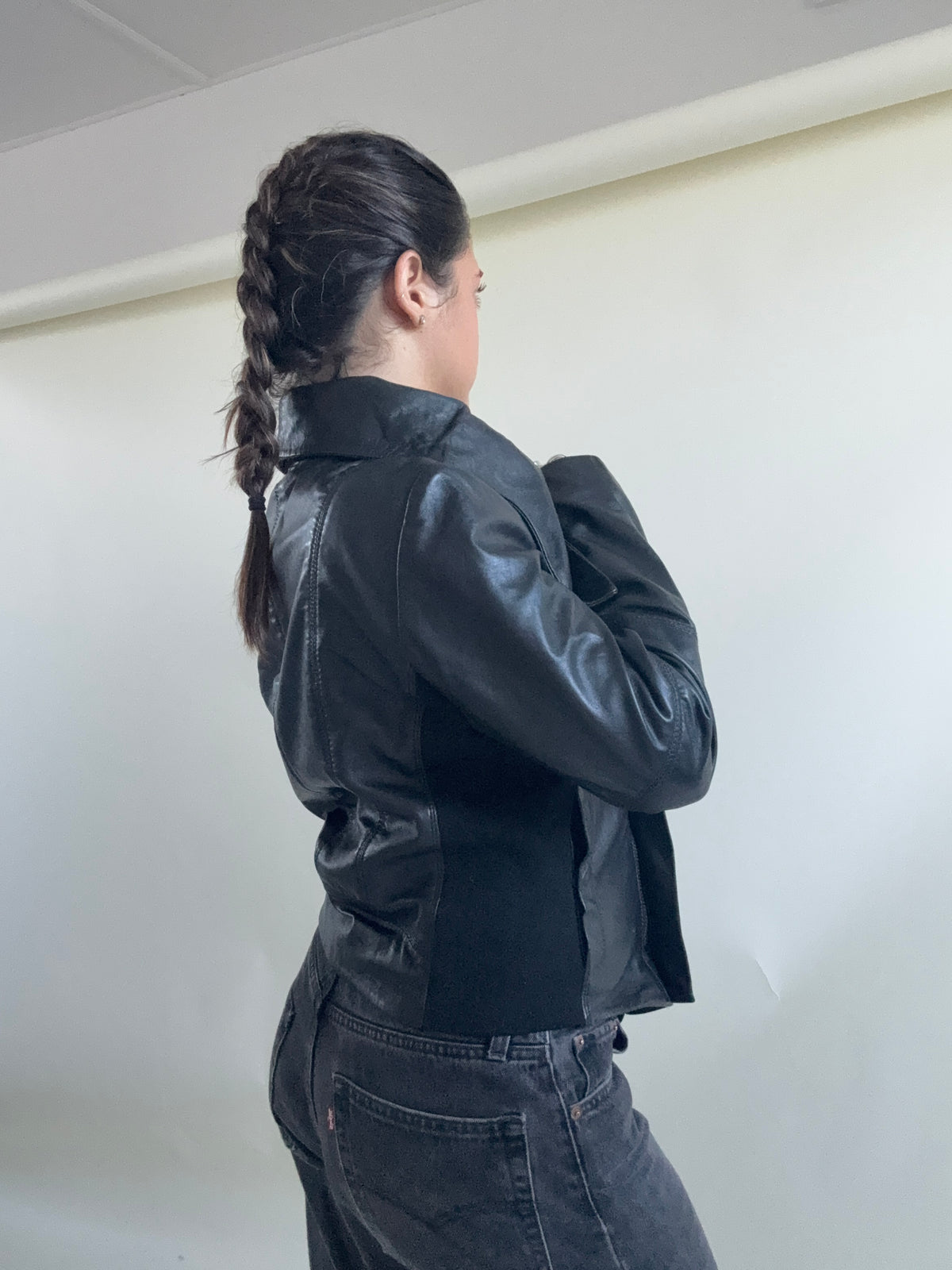 Leather Asymmetric Funnel Neck Jacket (L)