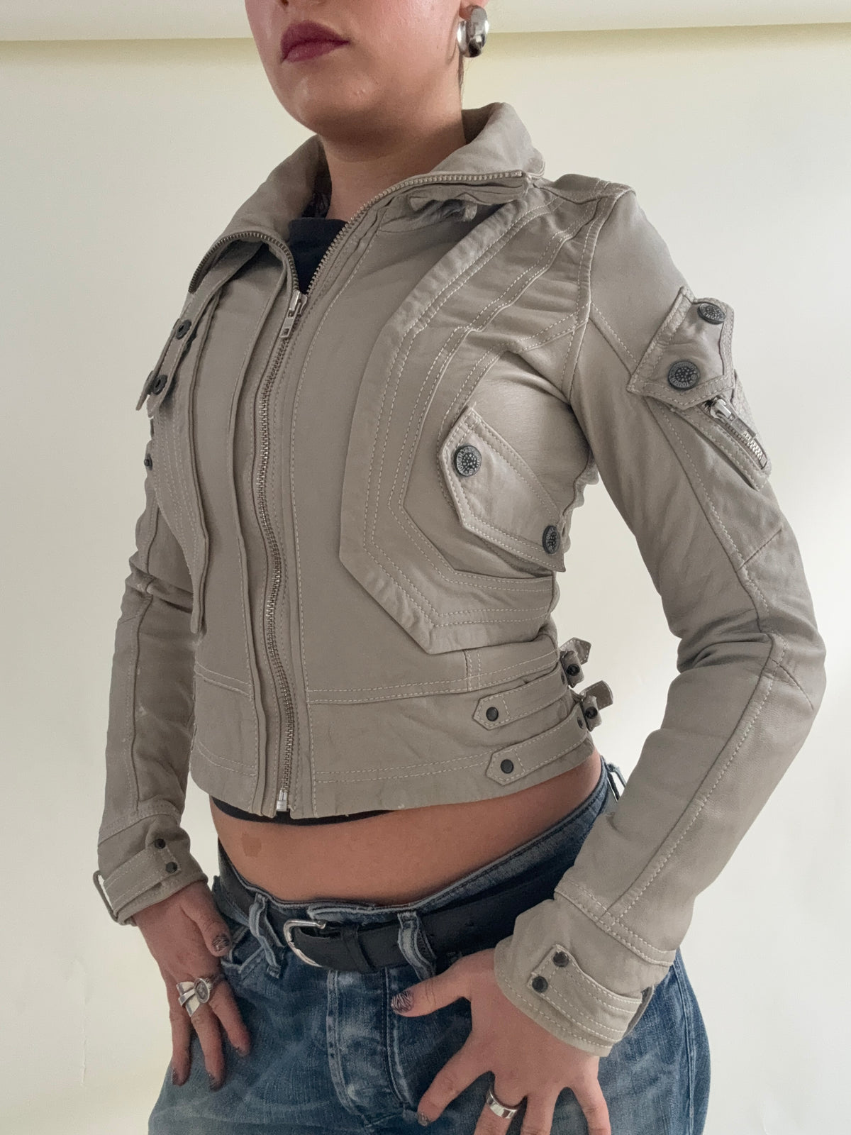 Fitted Leather Cargo Jacket (XS)