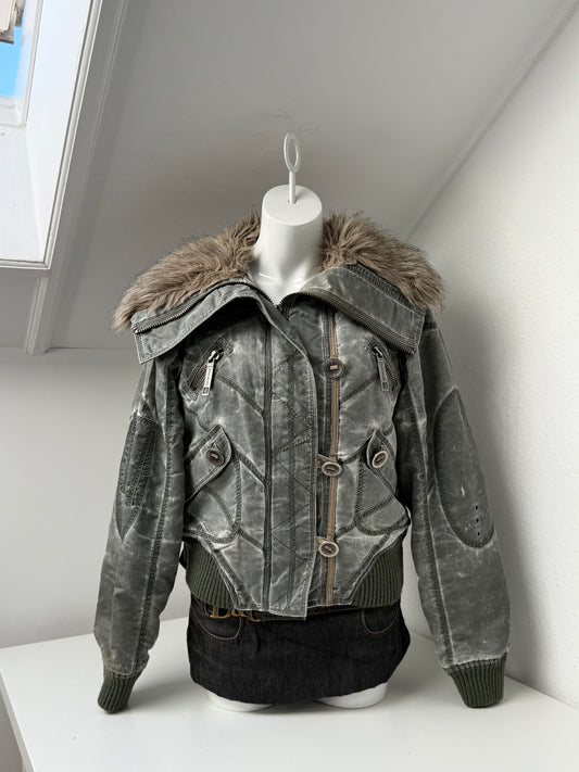 Khaki Y2K Bomber Jacket (UK14)