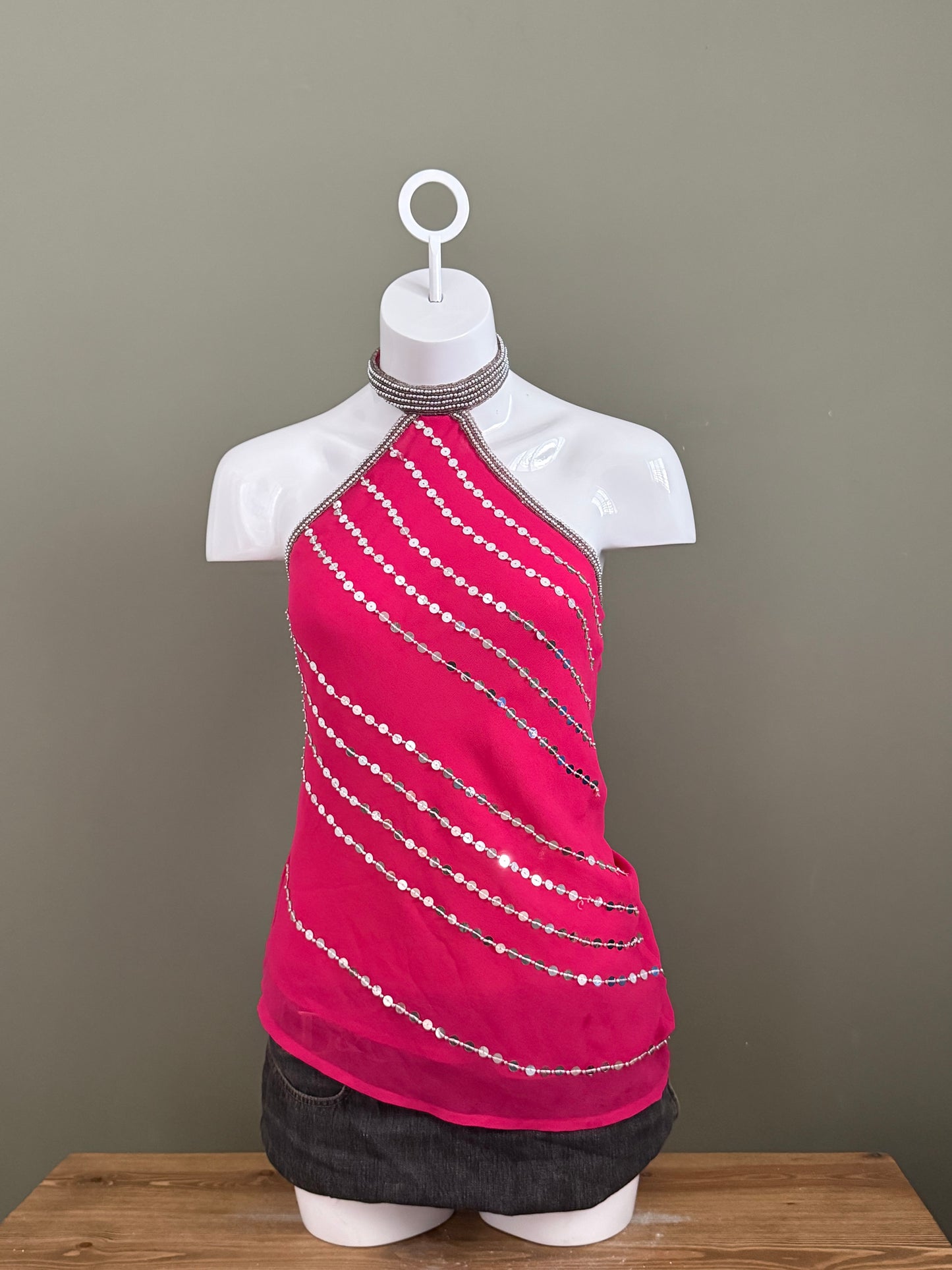 Halterneck Mesh Sequin Top (UK10)