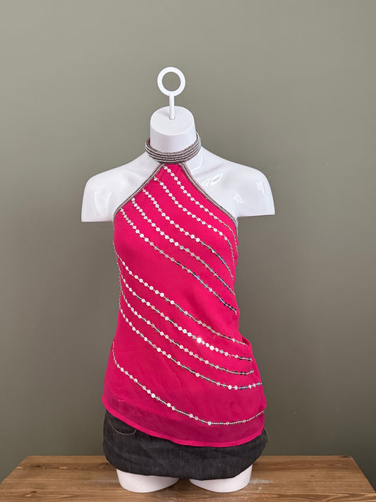Halterneck Mesh Sequin Top (UK10)