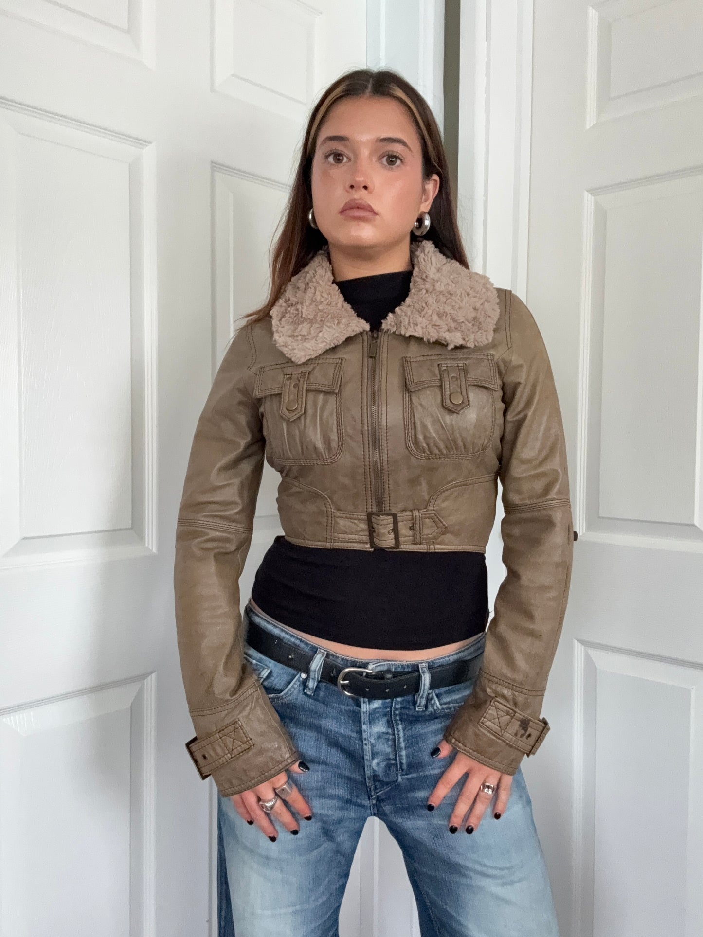 Jane Norman Leather Cropped Jacket (UK10)