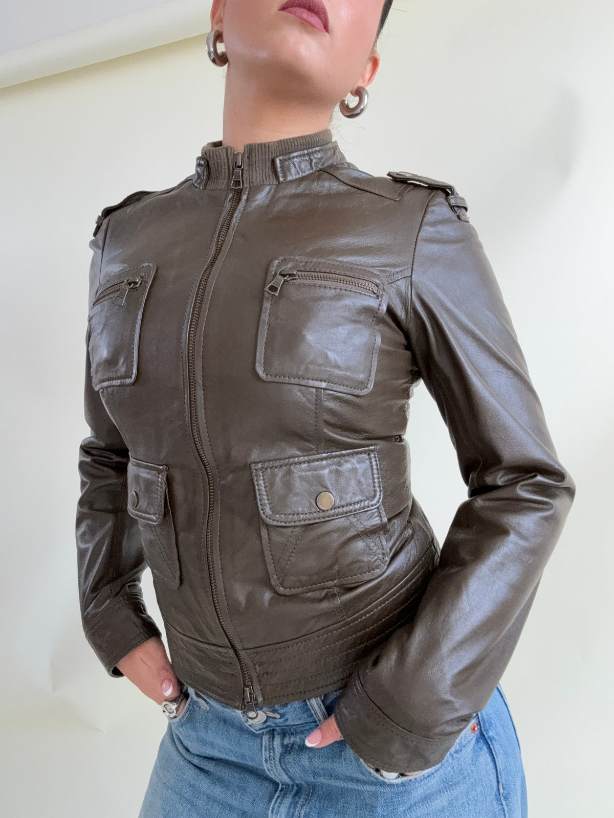 Khaki Leather Cargo Jacket (UK8)