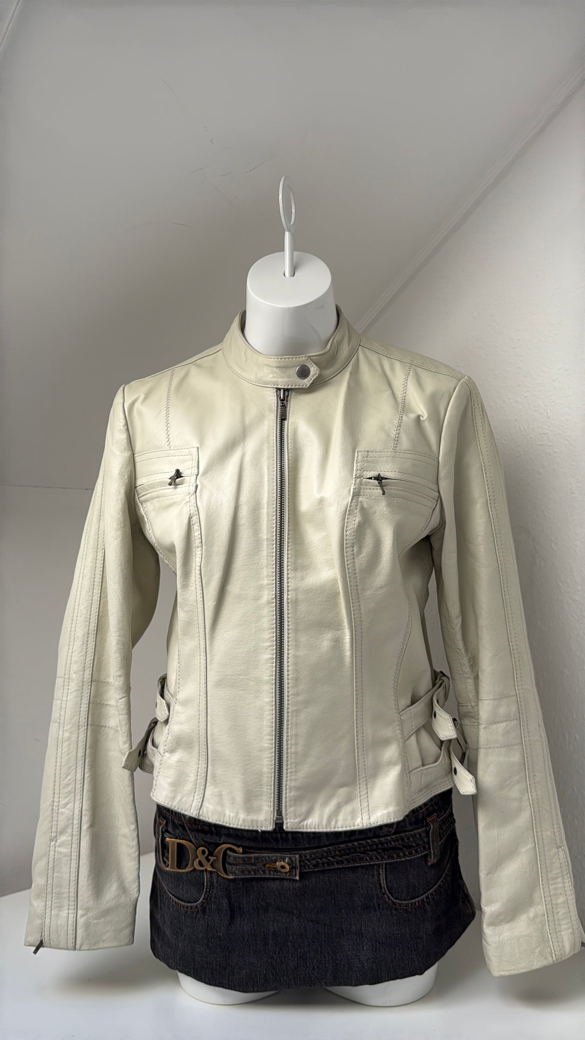 Cream Leather Vintage Buckle Jacket (UK14)