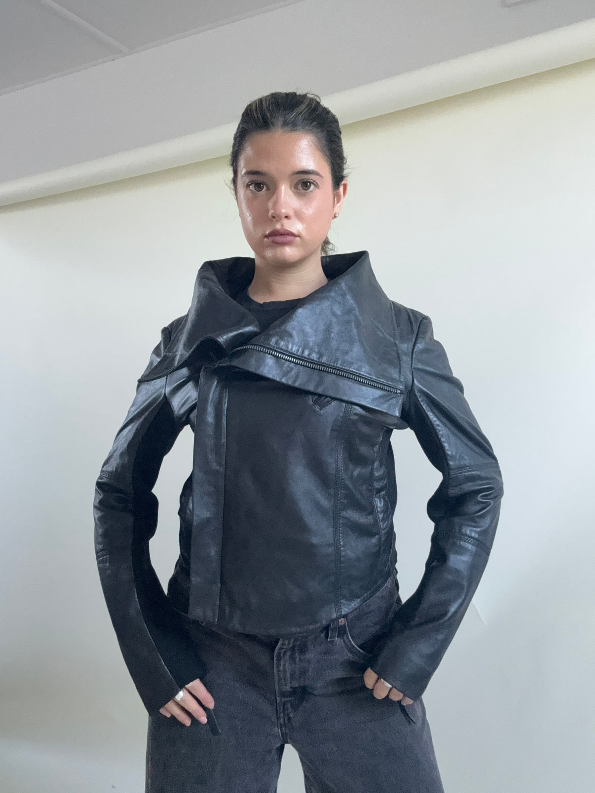 Leather Asymmetric Funnel Neck Jacket (L)