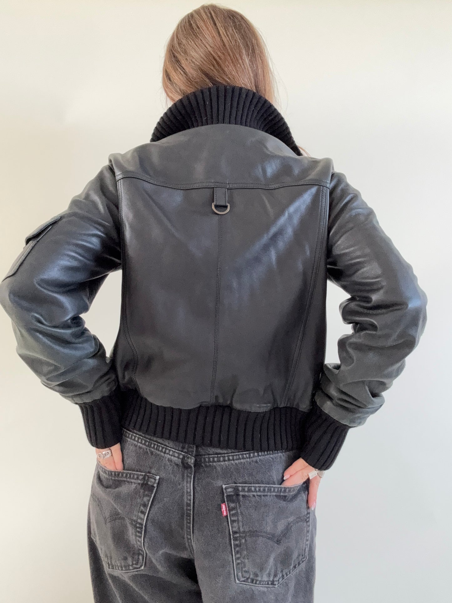Leather Cargo Bomber Jacket (M)