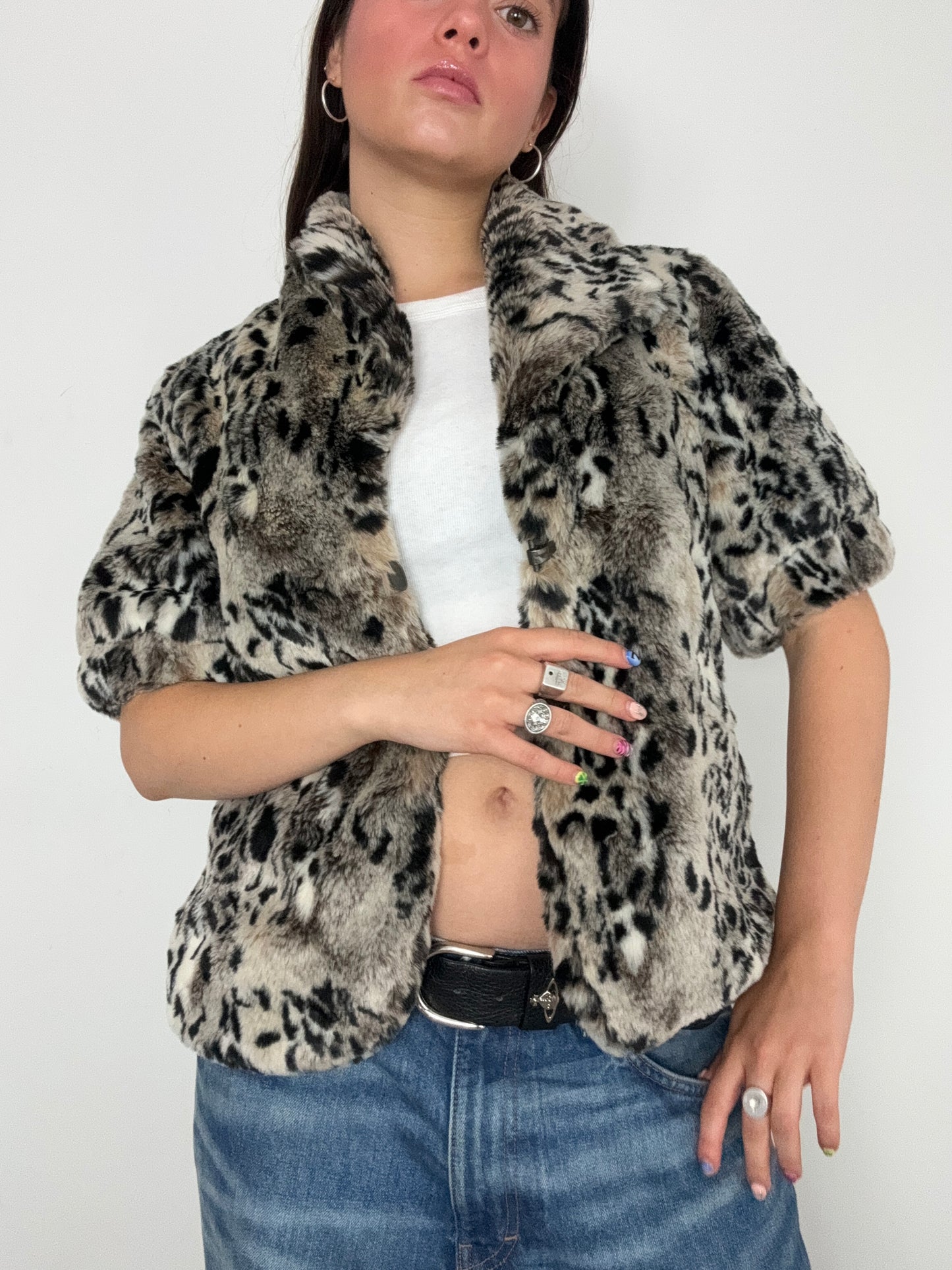 Faux Fur Leopard Print Shortsleeve Jacket