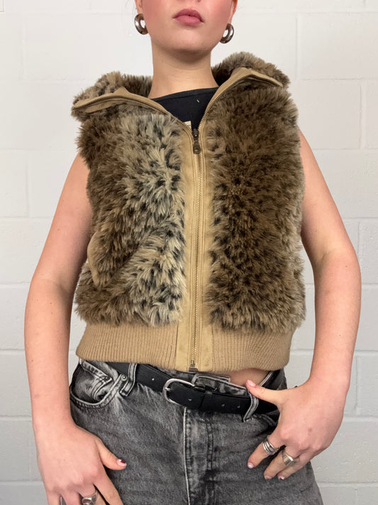 Y2K Leopard Faux Fur Gilet (UK12)