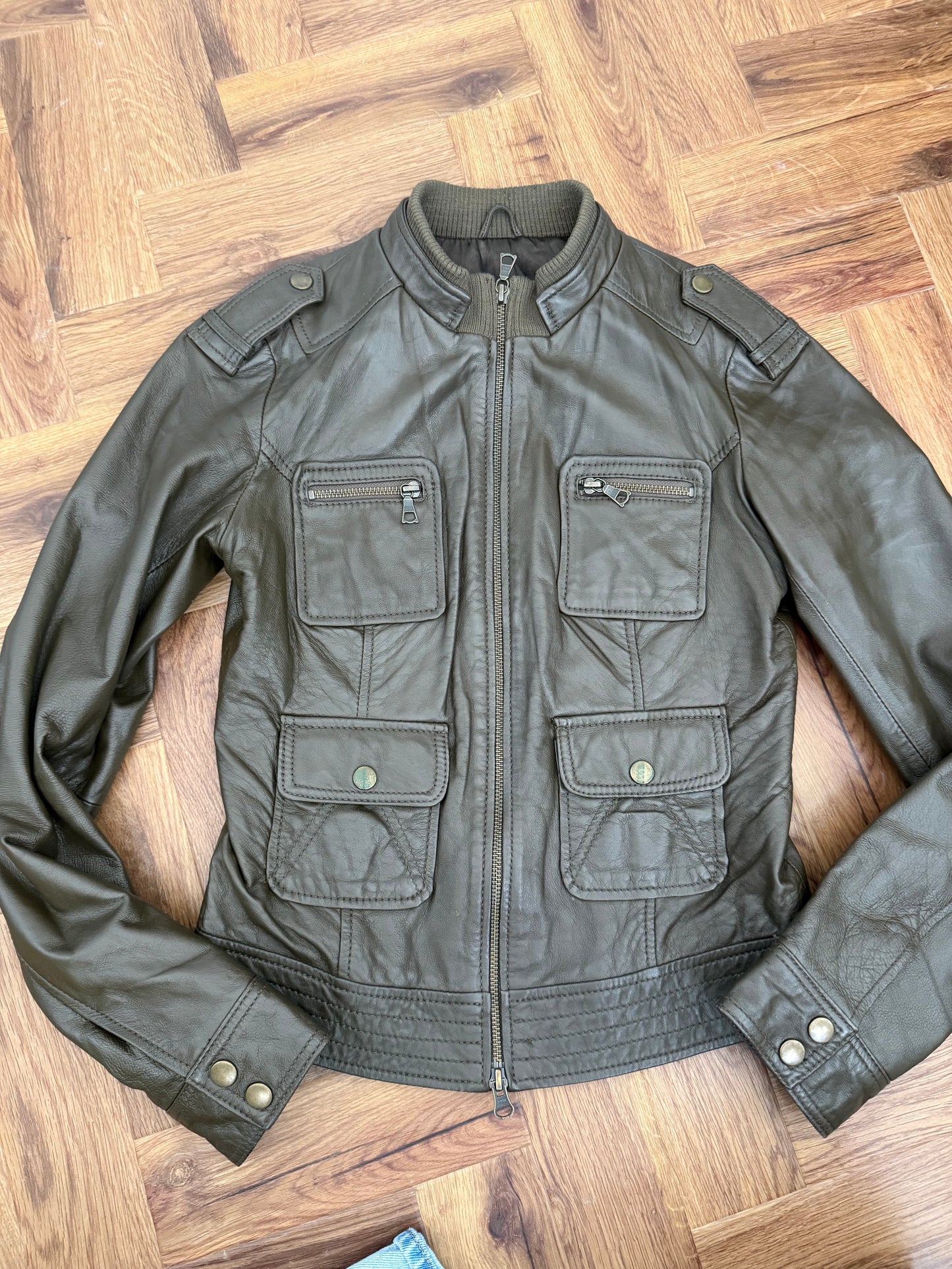 Khaki Leather Cargo Jacket (UK8)