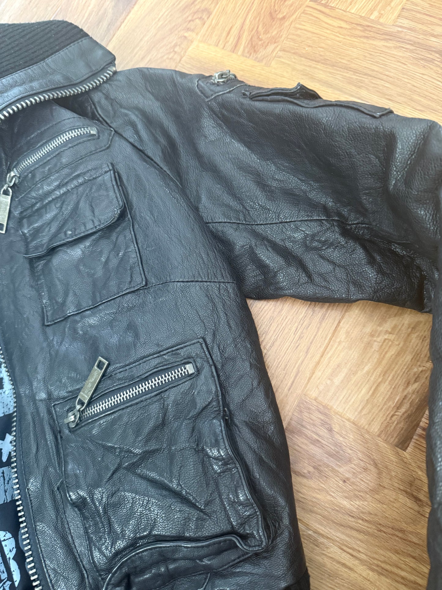 Leather Cargo Bomber Jacket (UK12)