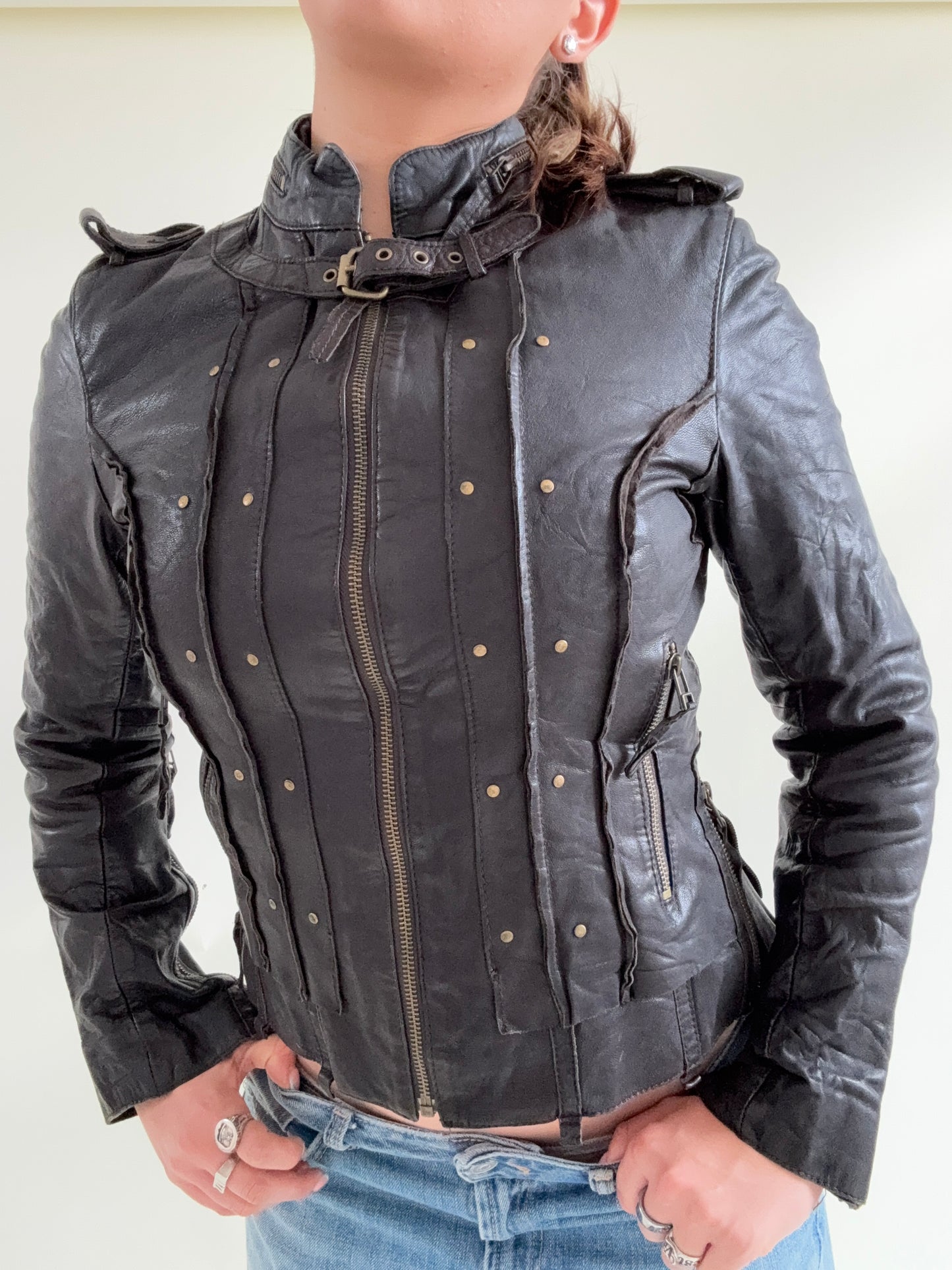 Allsaints Leather Studded Buckle Jacket (UK10)