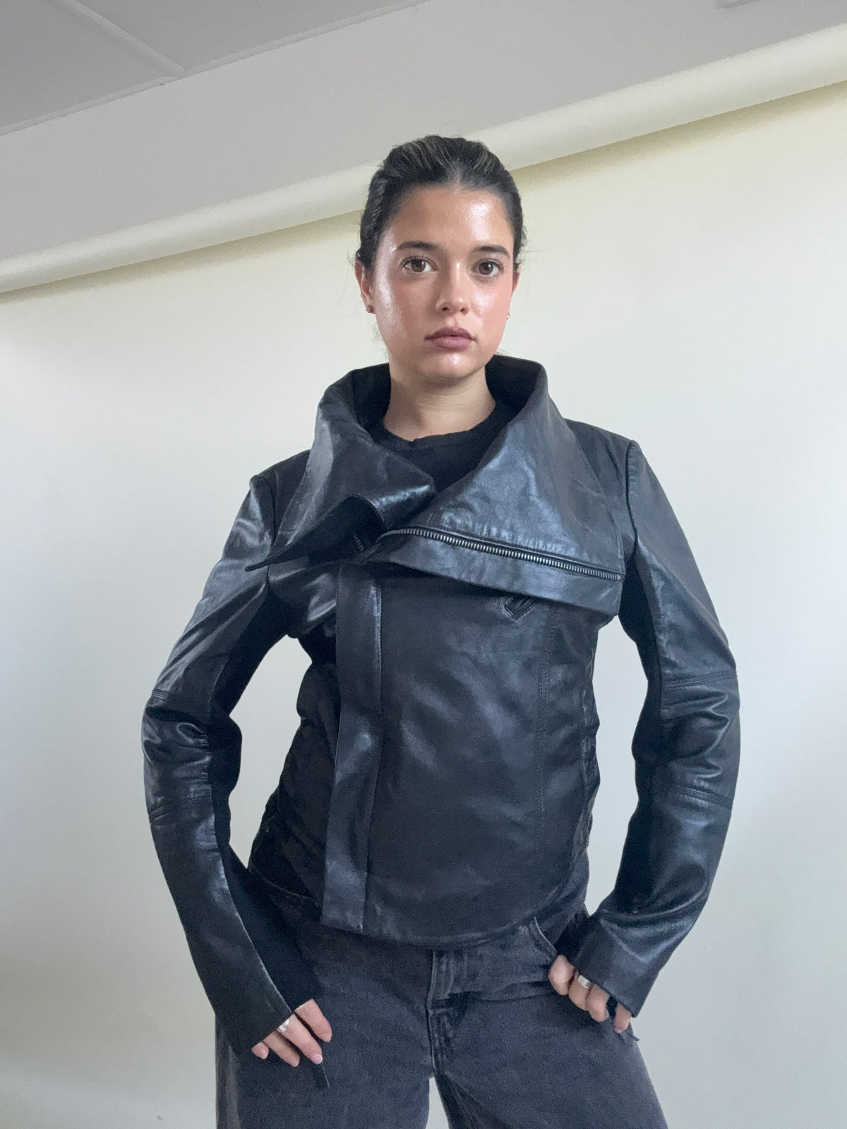 Leather Asymmetric Funnel Neck Jacket (L)