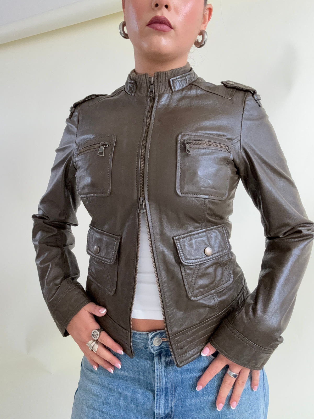 Khaki Leather Cargo Jacket (UK8)