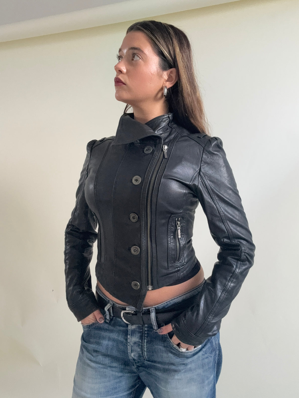 Vintage Asymmetric Leather Button Jacket (XS)