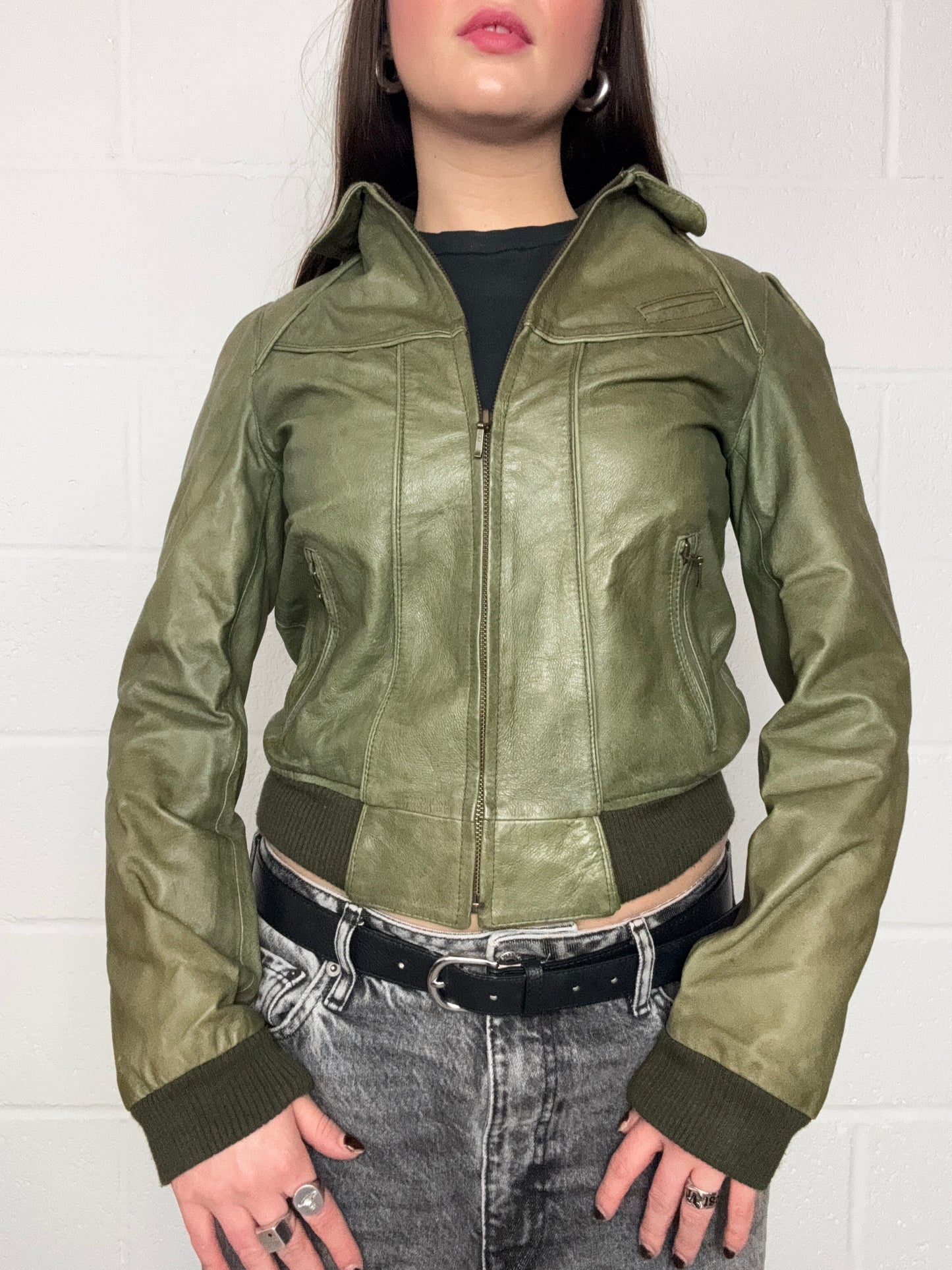 Green Leather Bomber Jacket (UK8)