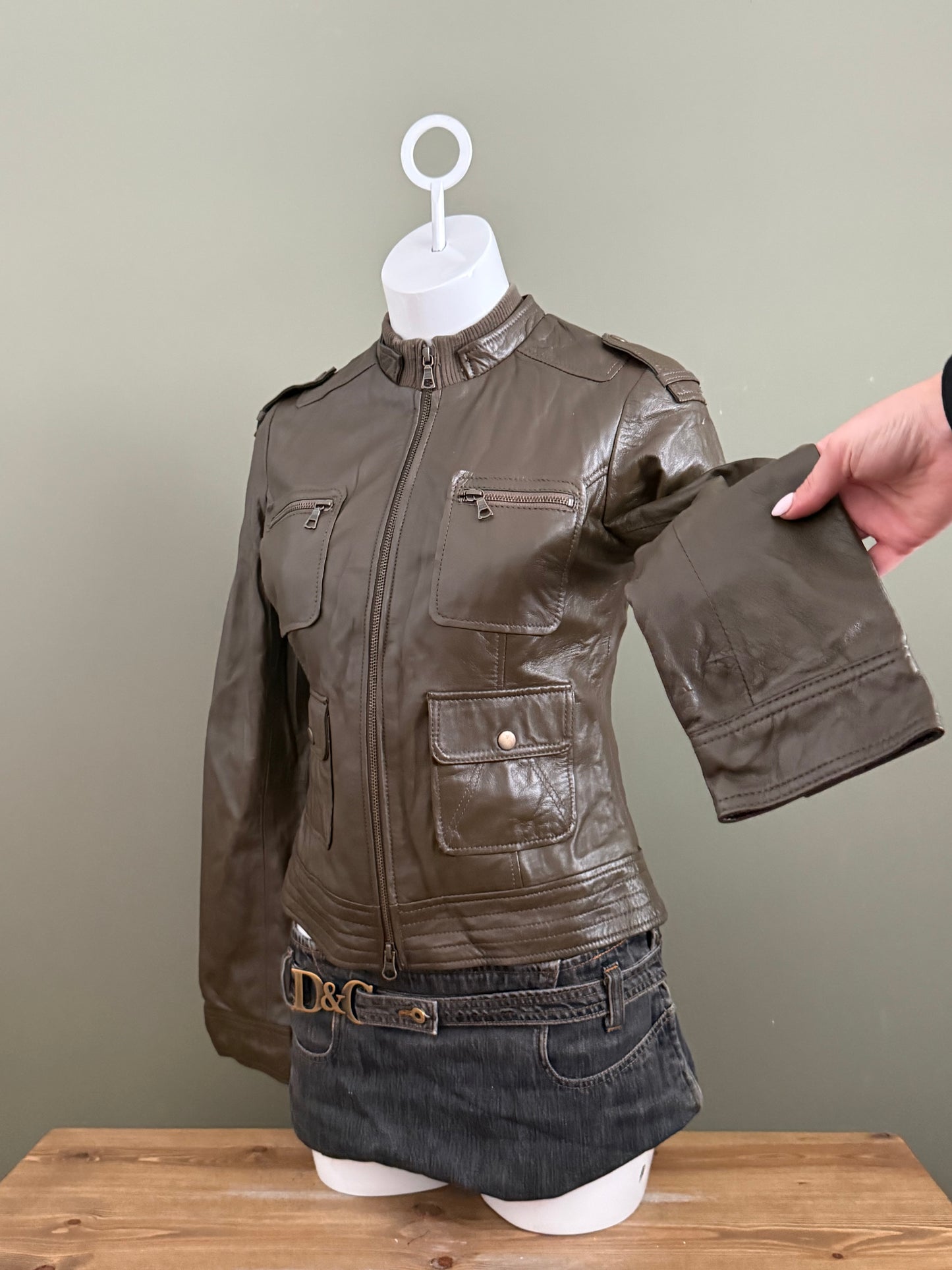 Khaki Cargo Leather Jacket (UK10)