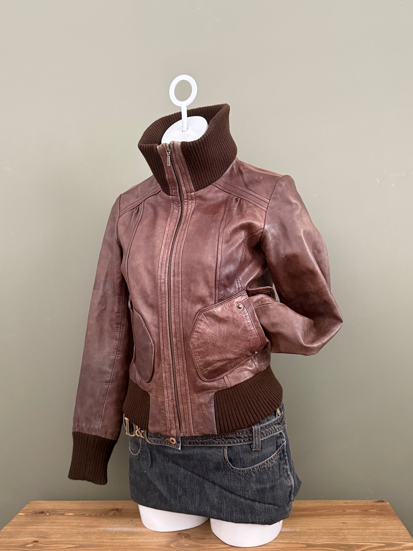 Brown Leather Bomber Jacket (UK10)