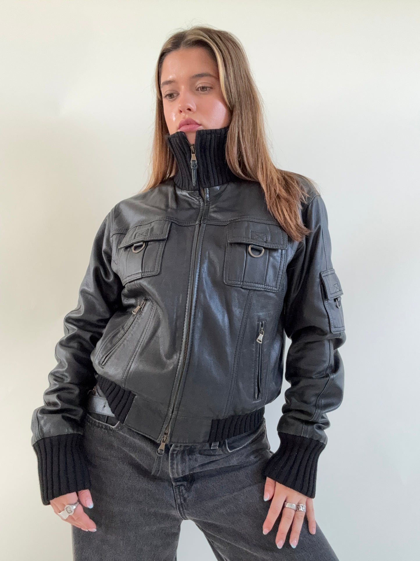 Leather Cargo Bomber Jacket (M)
