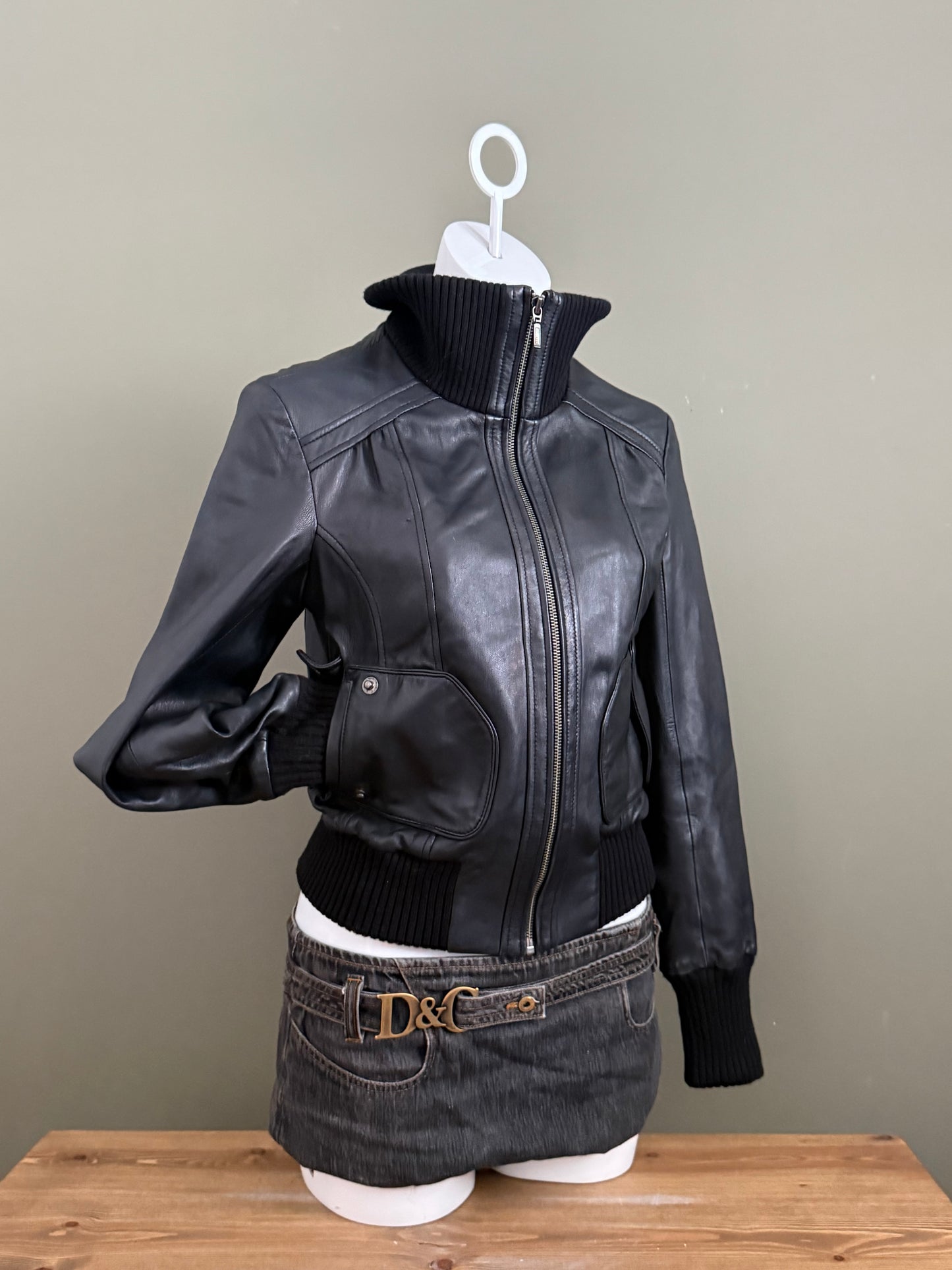 Black Leather Bomber Jacket (UK10)