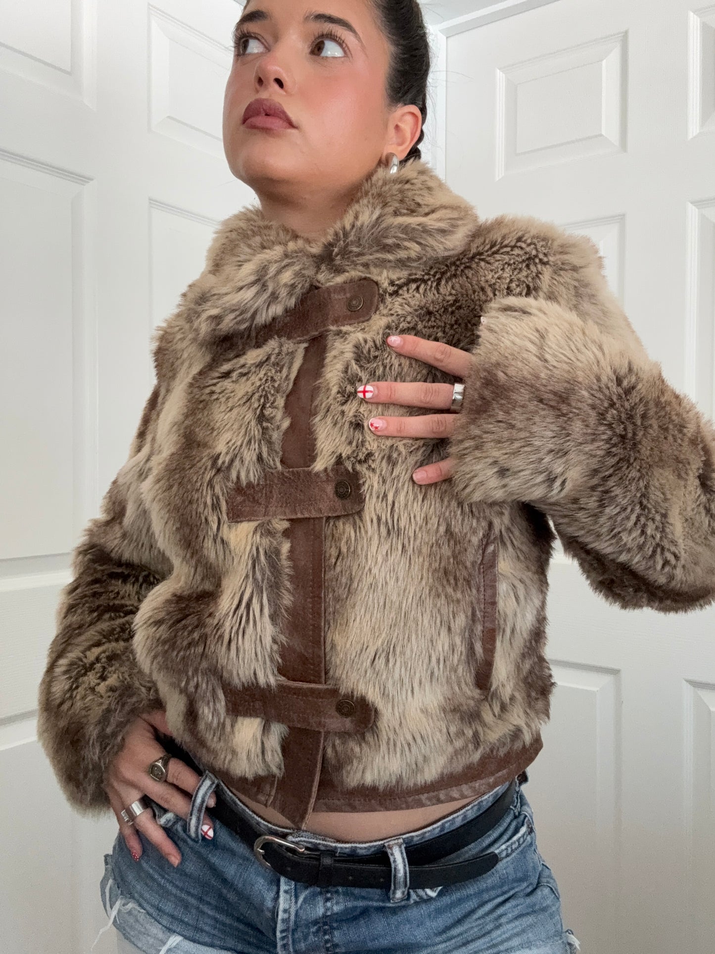 Faux Fur Buckle Bomber Jacket (UK12)