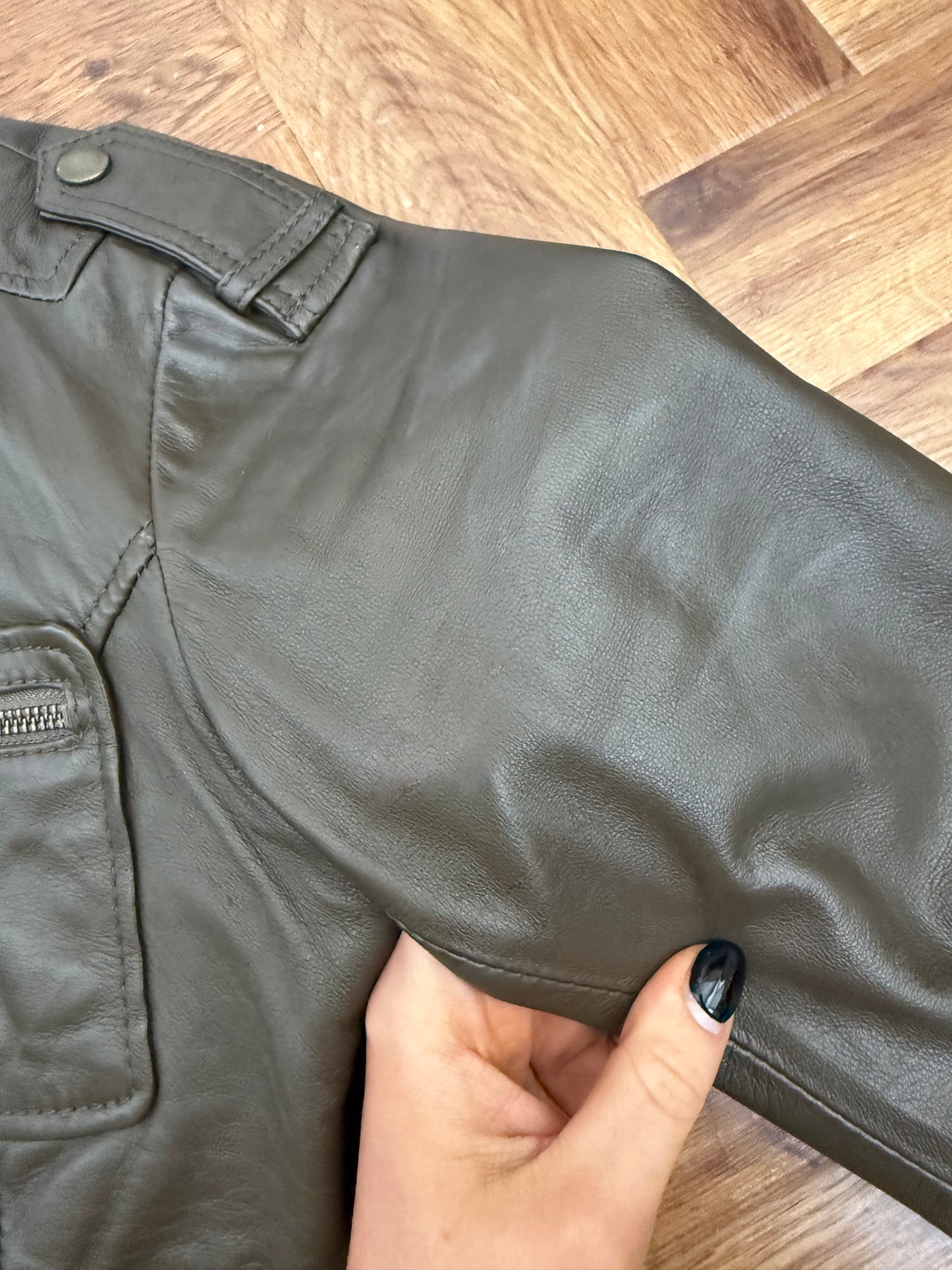 Khaki Leather Cargo Jacket (UK8)