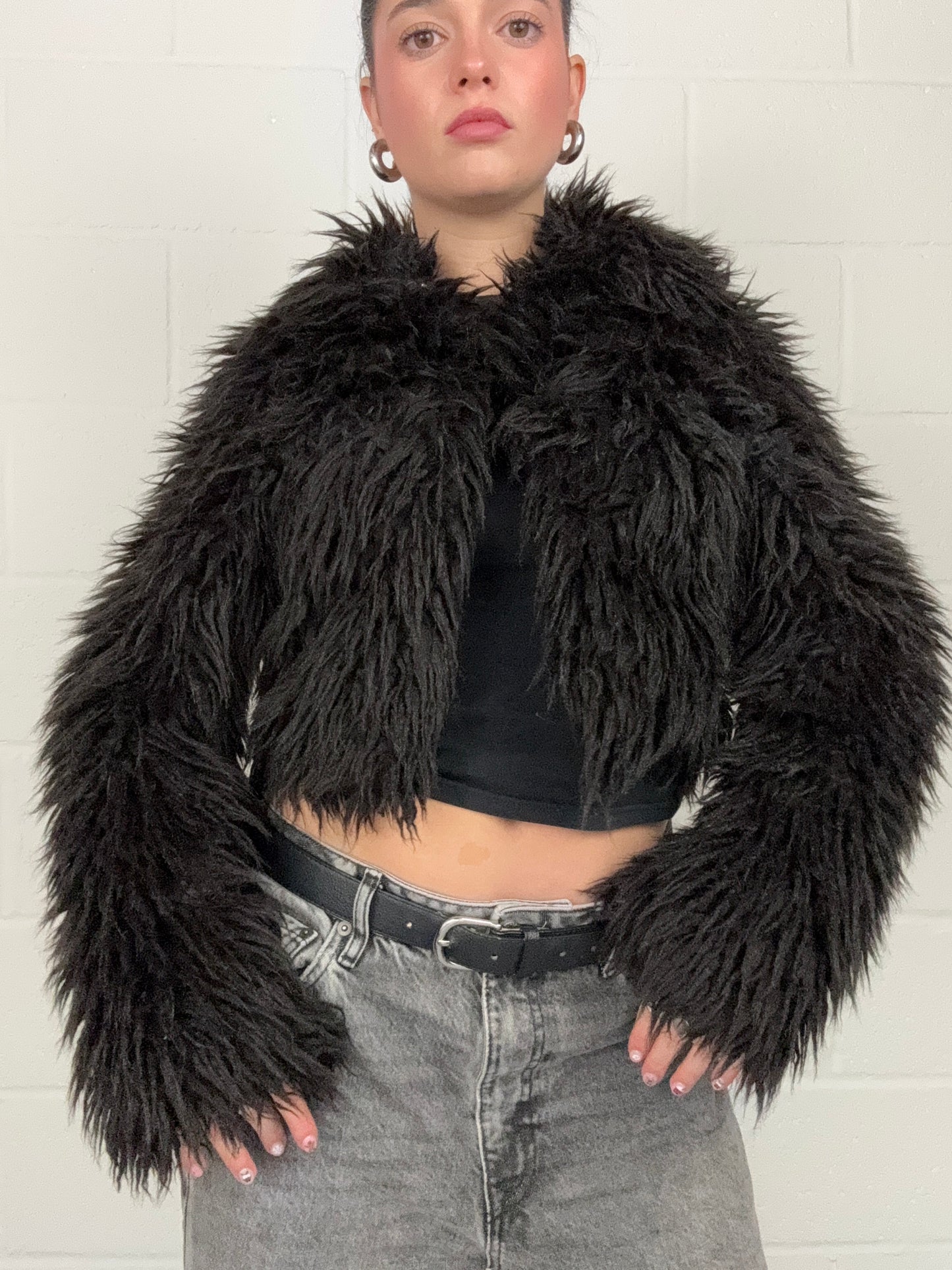 Black Faux Fur Shaggy Jacket (UK10)