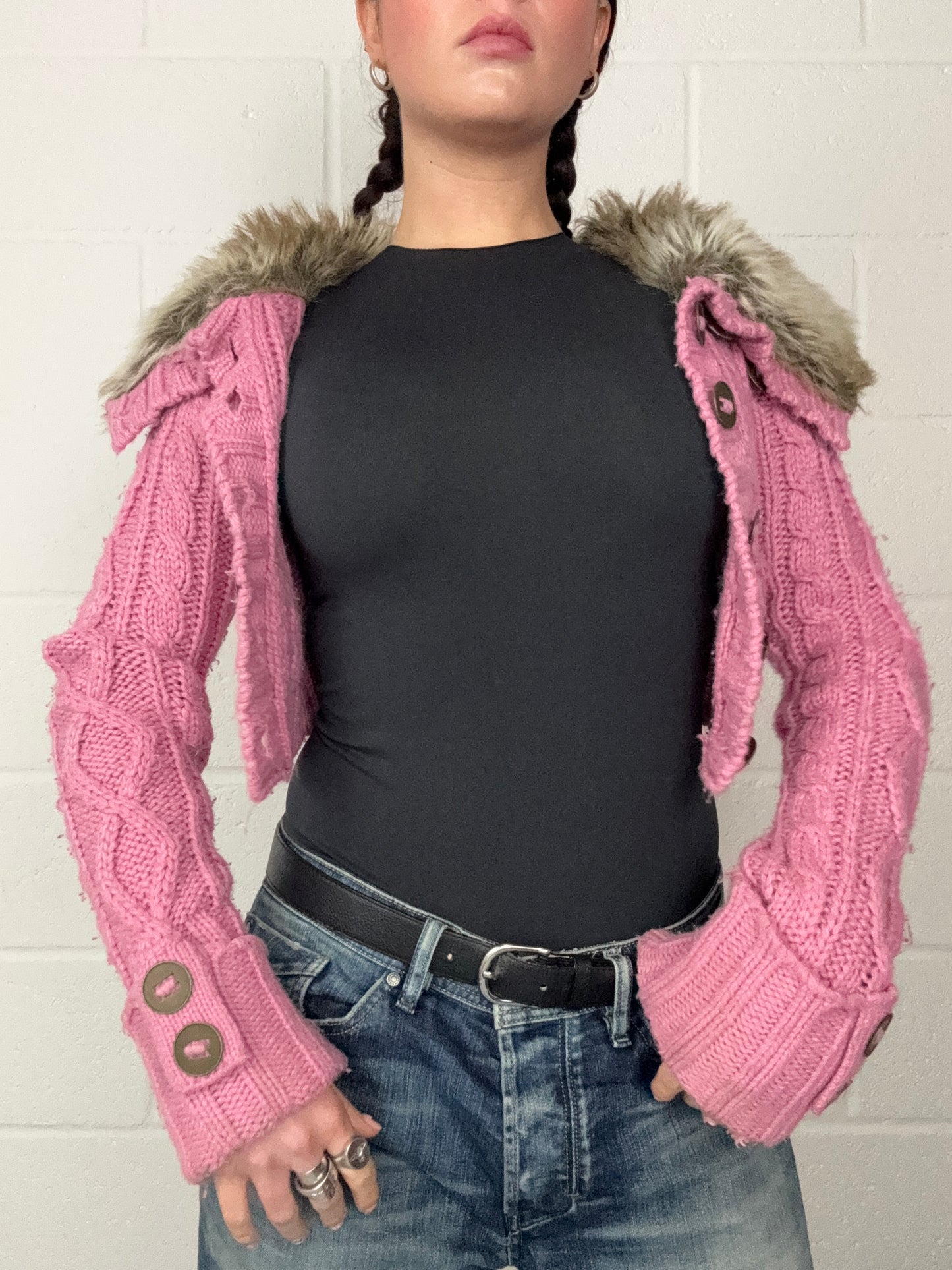 Pink Knitted Y2K Cropped Jumper (UK8)