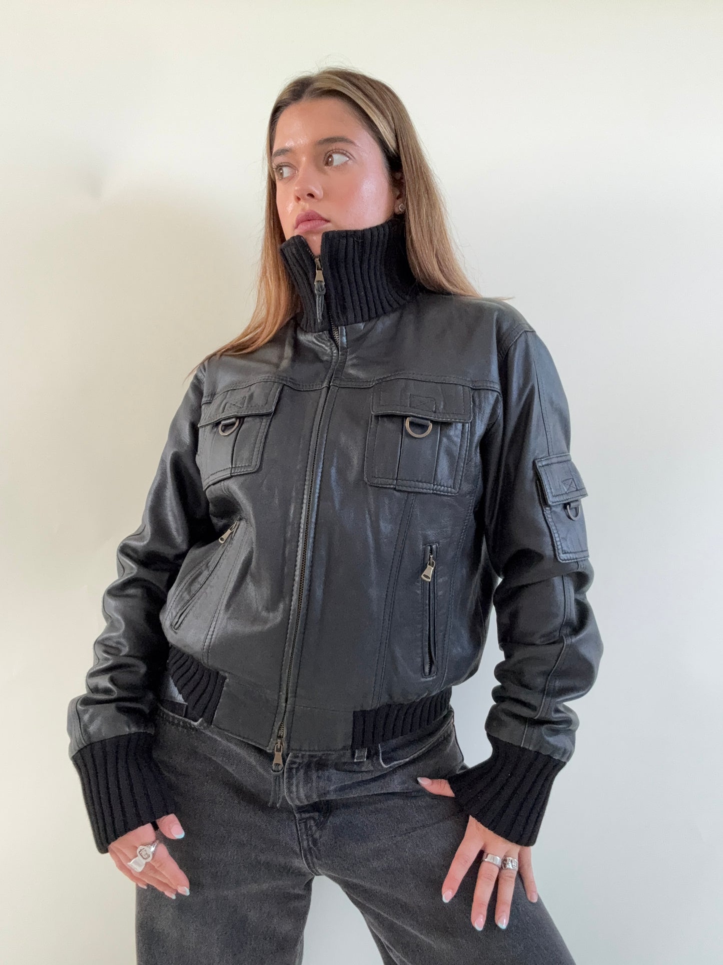 Leather Cargo Bomber Jacket (M)
