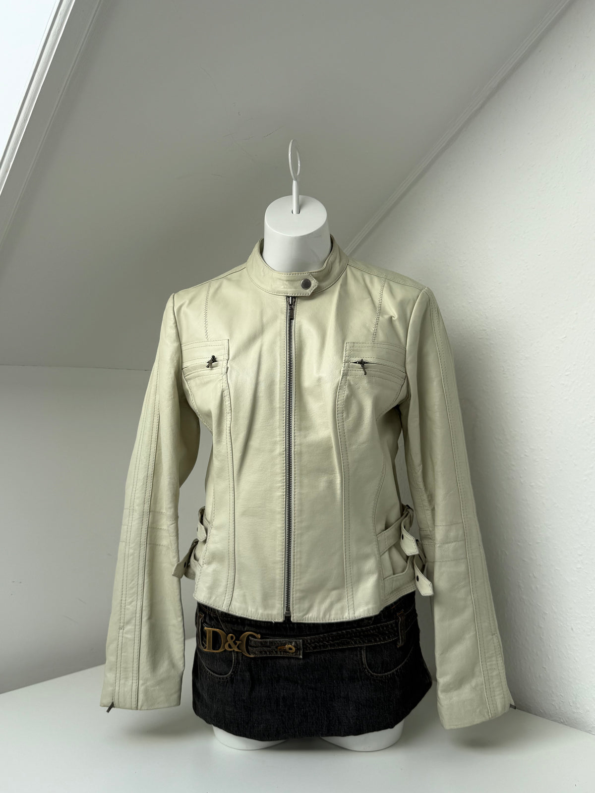 Cream Leather Vintage Buckle Jacket (UK14)