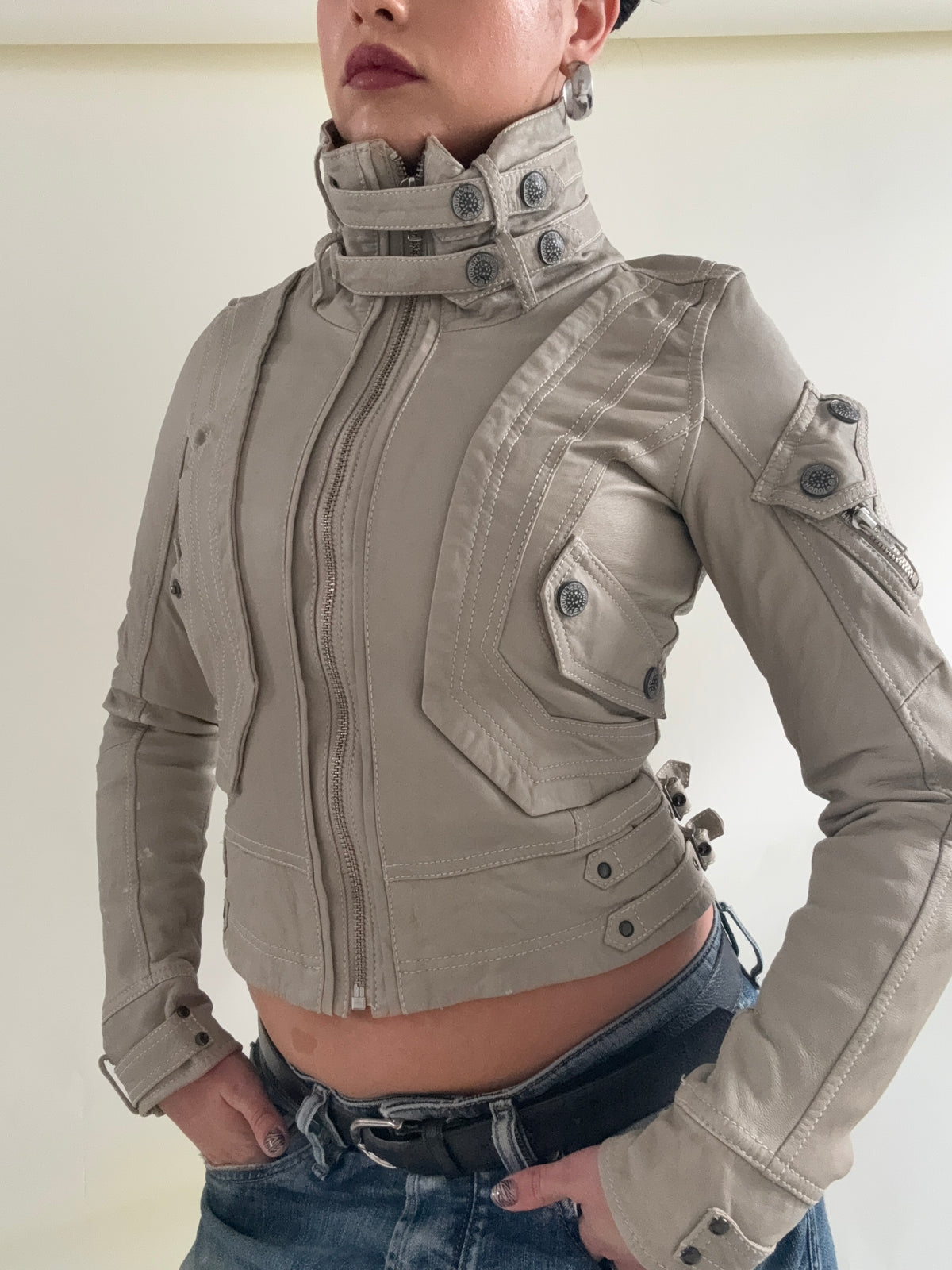 Fitted Leather Cargo Jacket (XS)