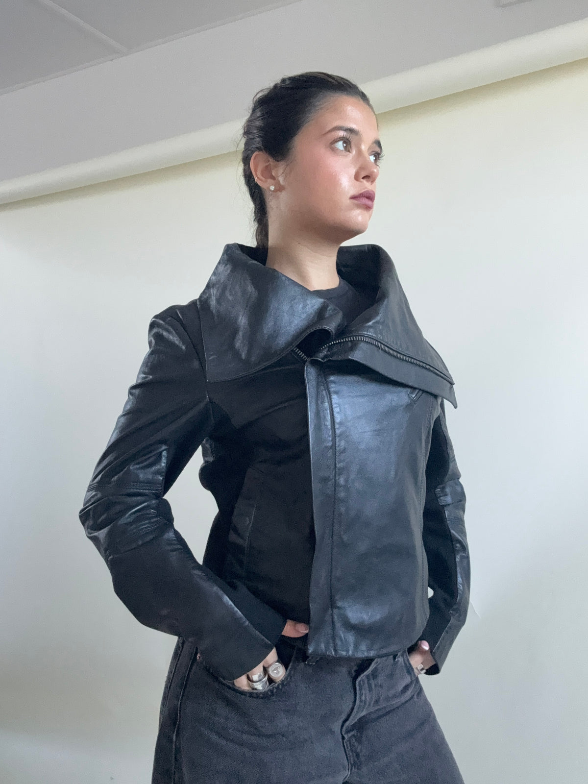 Leather Asymmetric Funnel Neck Jacket (L)