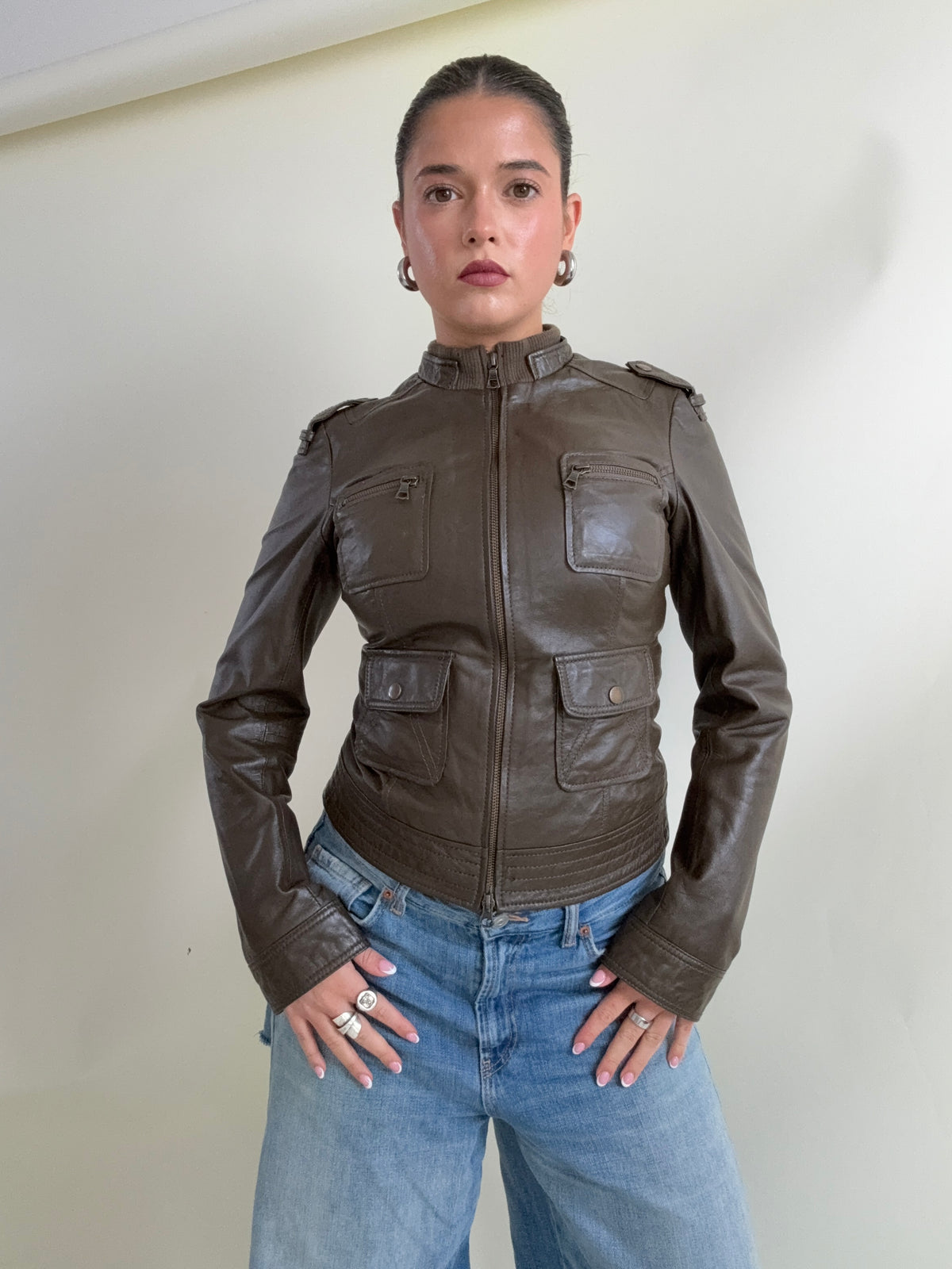Khaki Leather Cargo Jacket (UK8)