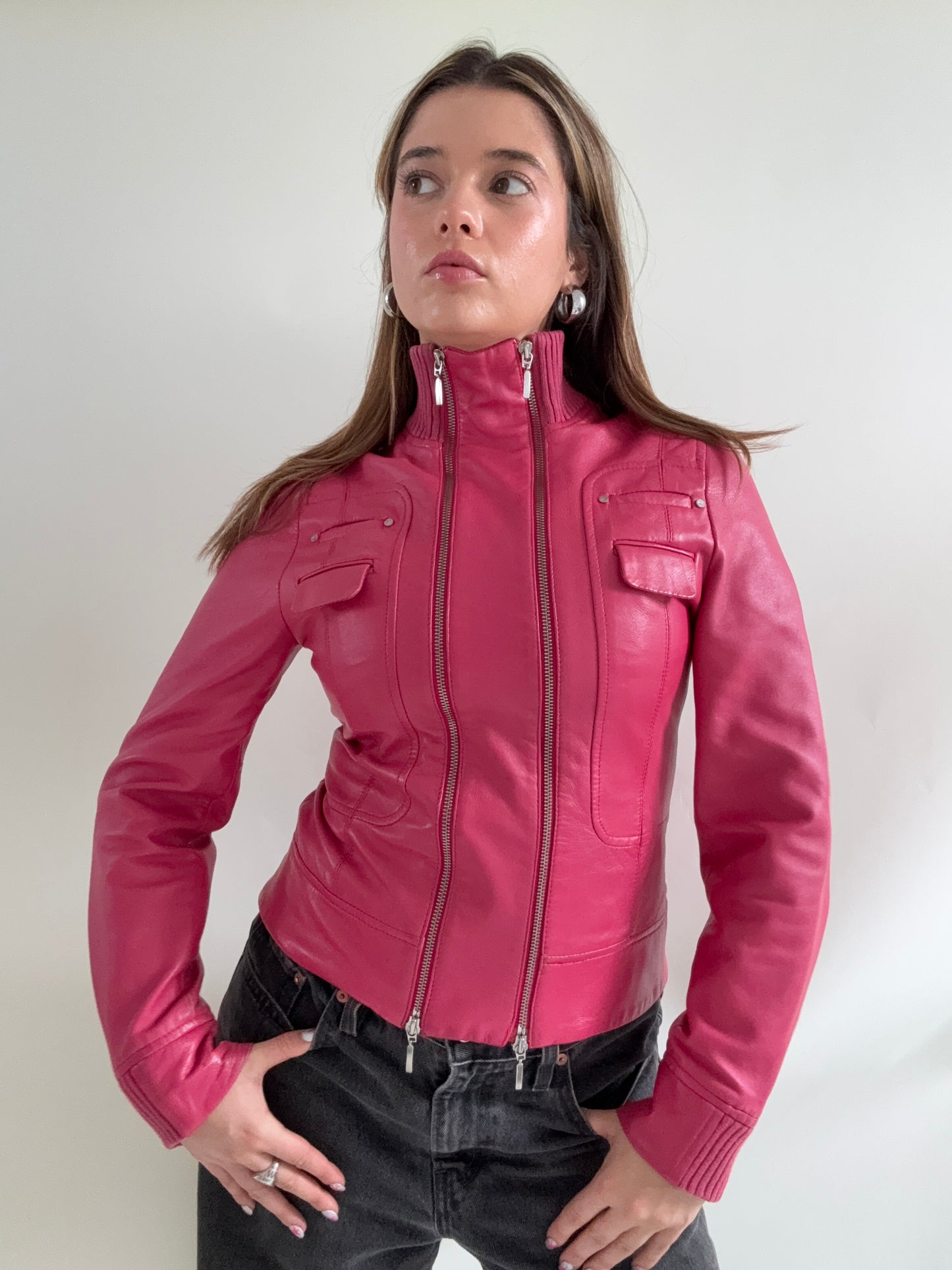 Double Zip Pink Leather Jacket (S)