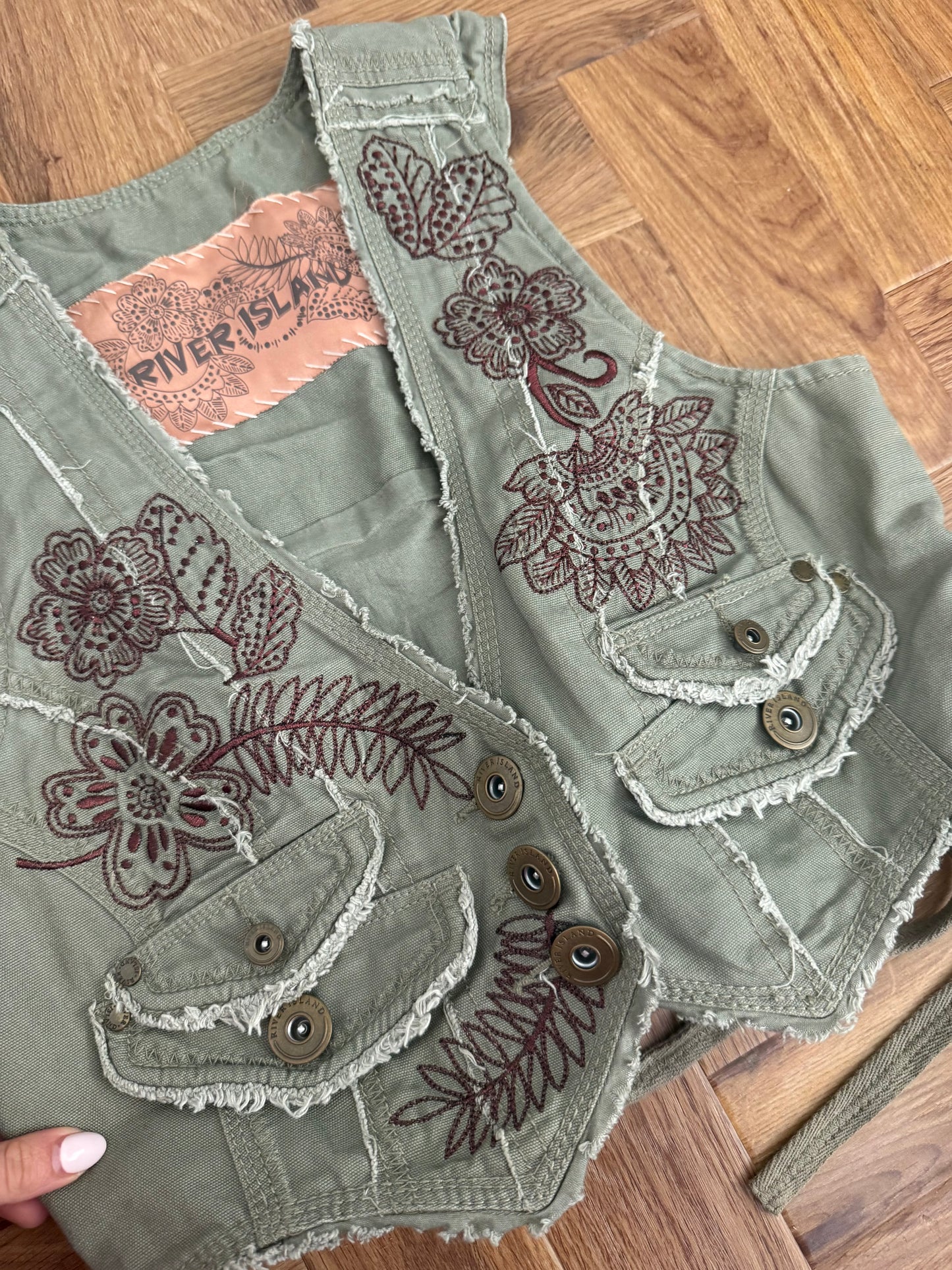 Khaki Cropped Corset Embroidered Waistcoat (UK12)