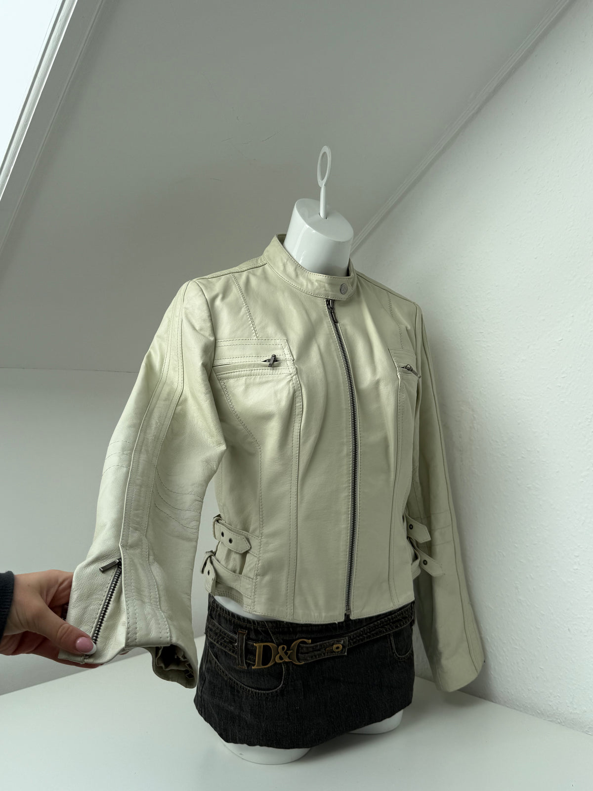 Cream Leather Vintage Buckle Jacket (UK14)