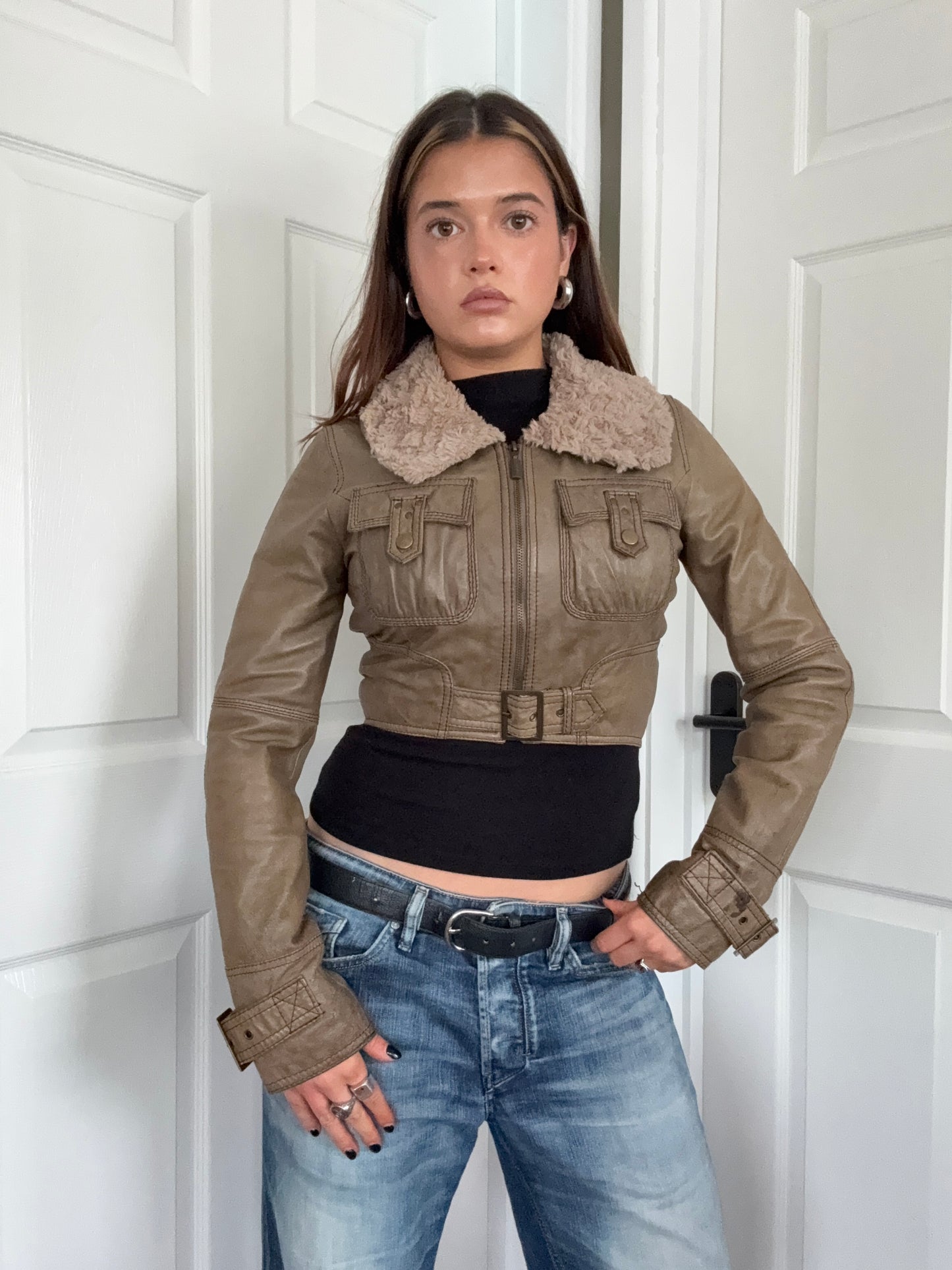 Jane Norman Leather Cropped Jacket (UK10)
