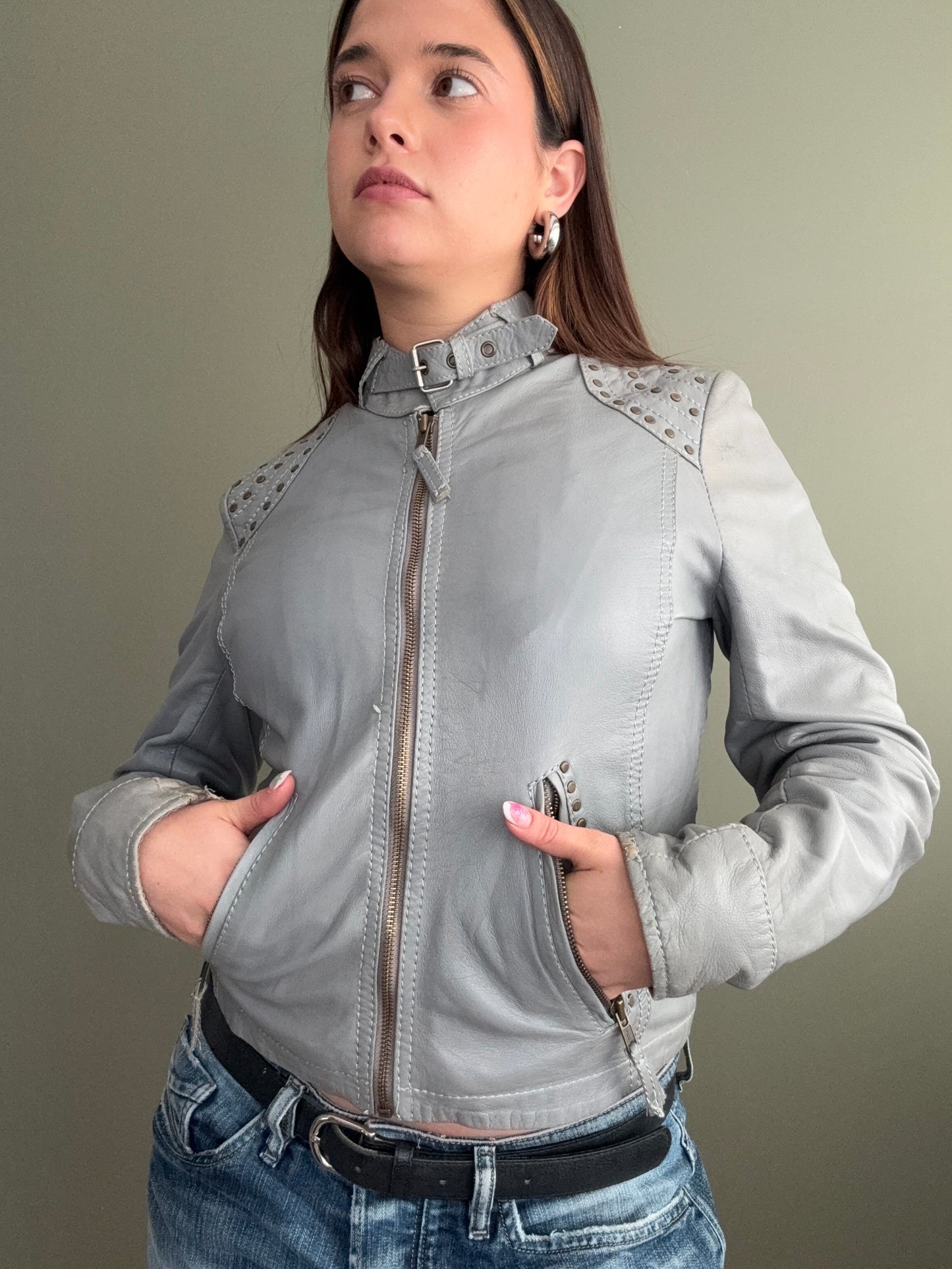 Grey Studded Leather Jacket (S)