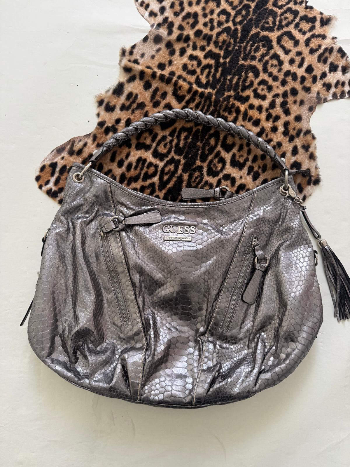 Guess Large Slouchy Metallic Silver Shoulder Bag