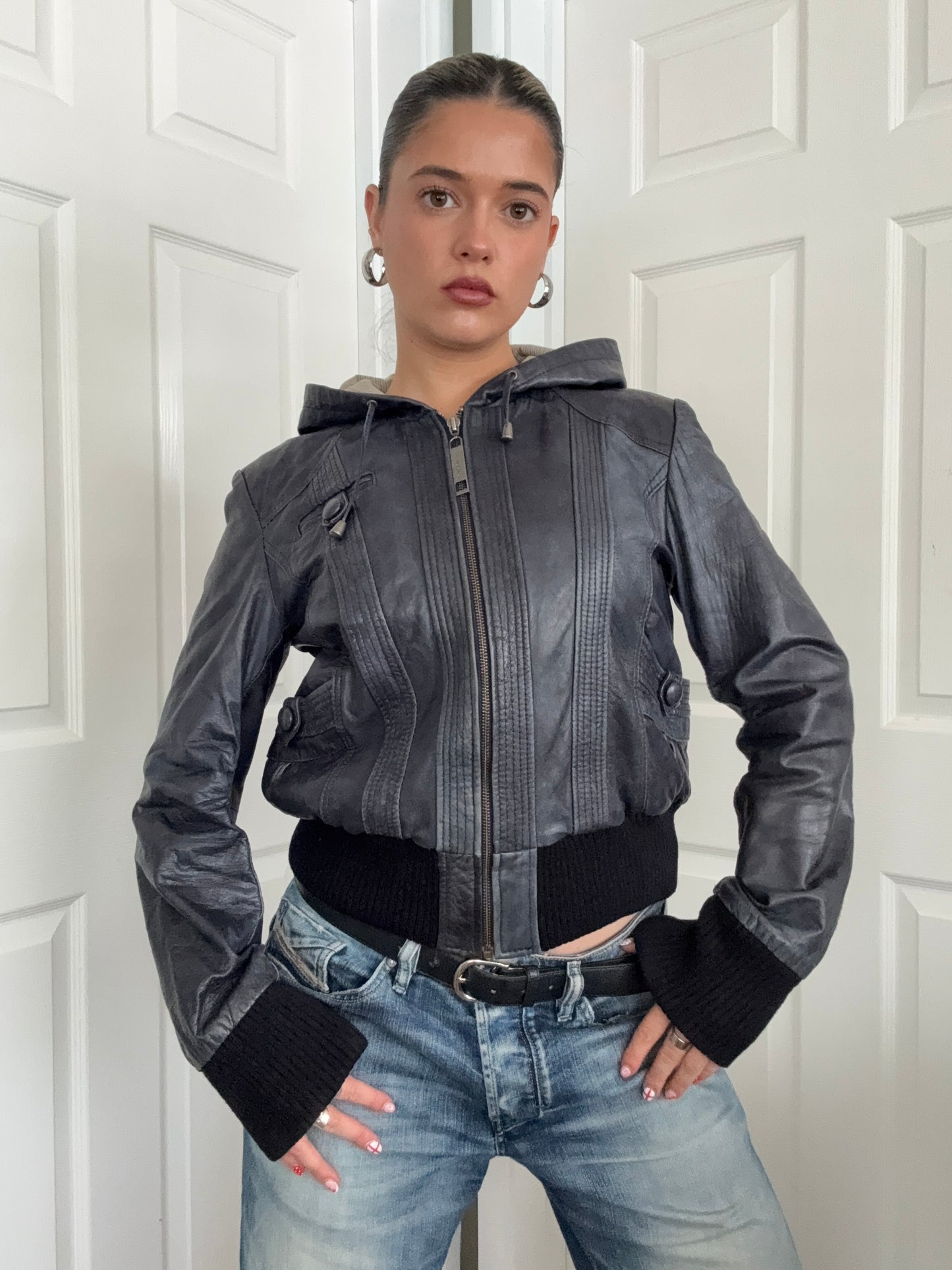 Leather Hooded Bomber Jacket (UK14)