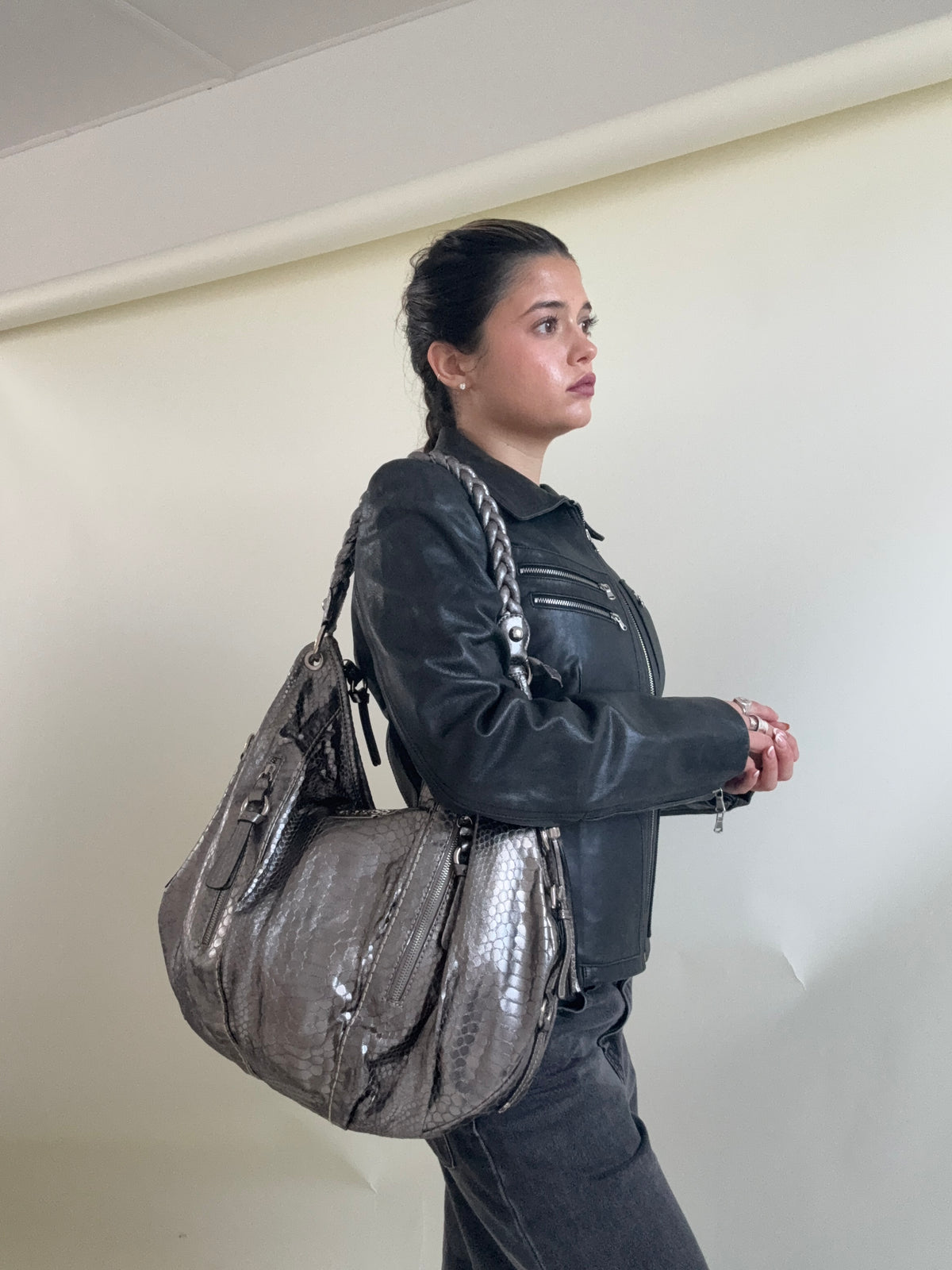 Guess Large Slouchy Metallic Silver Shoulder Bag